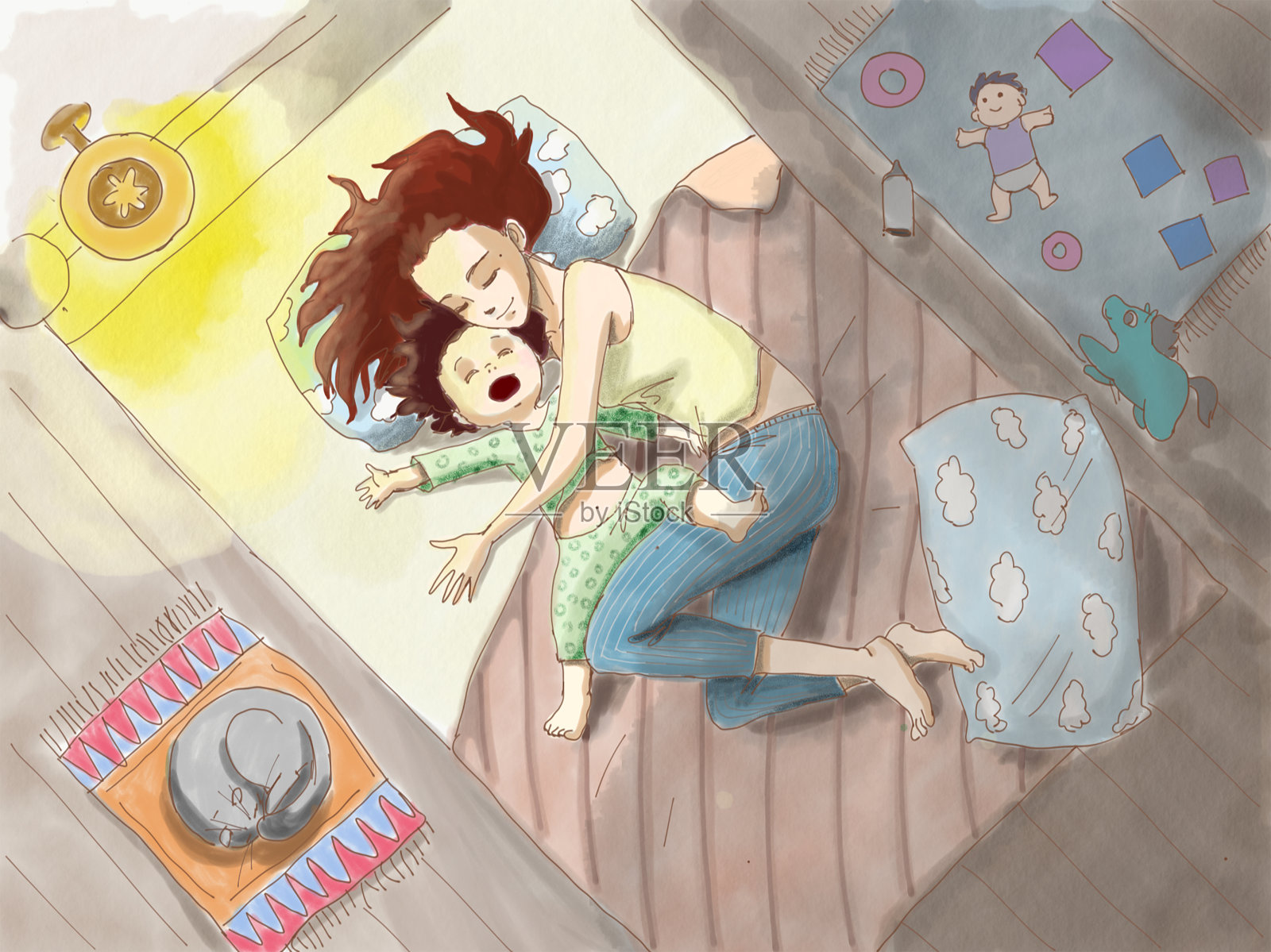 妈妈和宝宝在睡觉插画图片素材