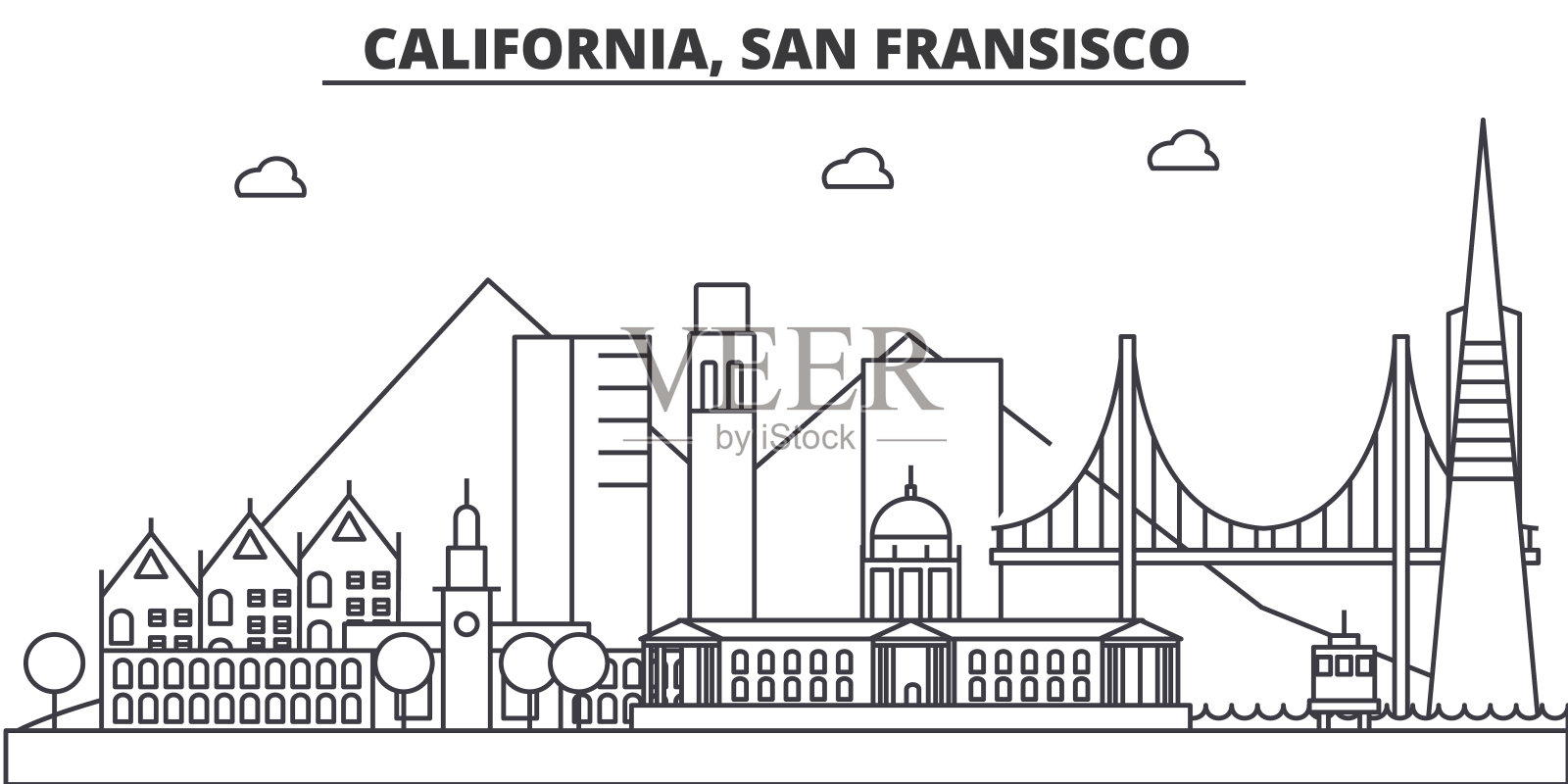 加州，旧金山建筑线天际线插图。线性向量的城市景观与著名的地标，城市景观，设计图标。风景与可编辑的笔触插画图片素材