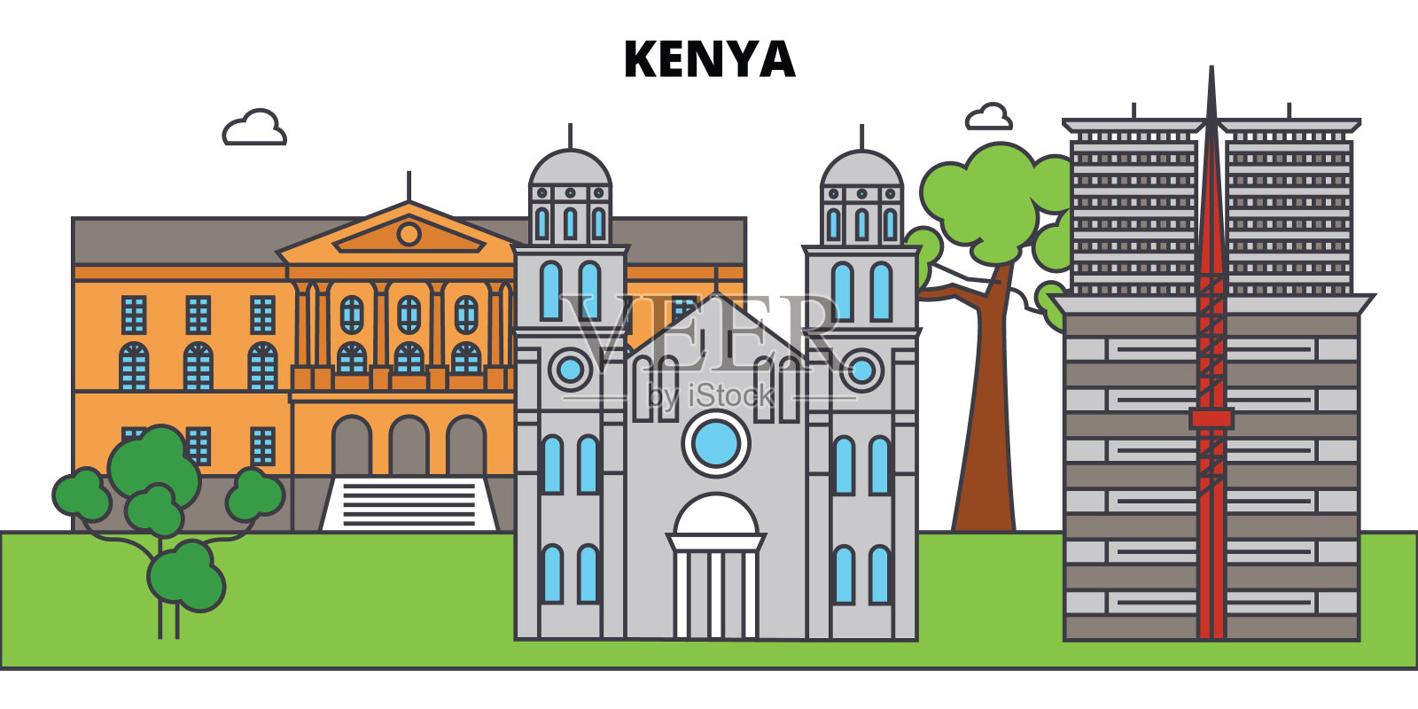 肯尼亚勾勒城市天际线、线性插图、横幅、旅游地标、建筑剪影、矢量插画图片素材
