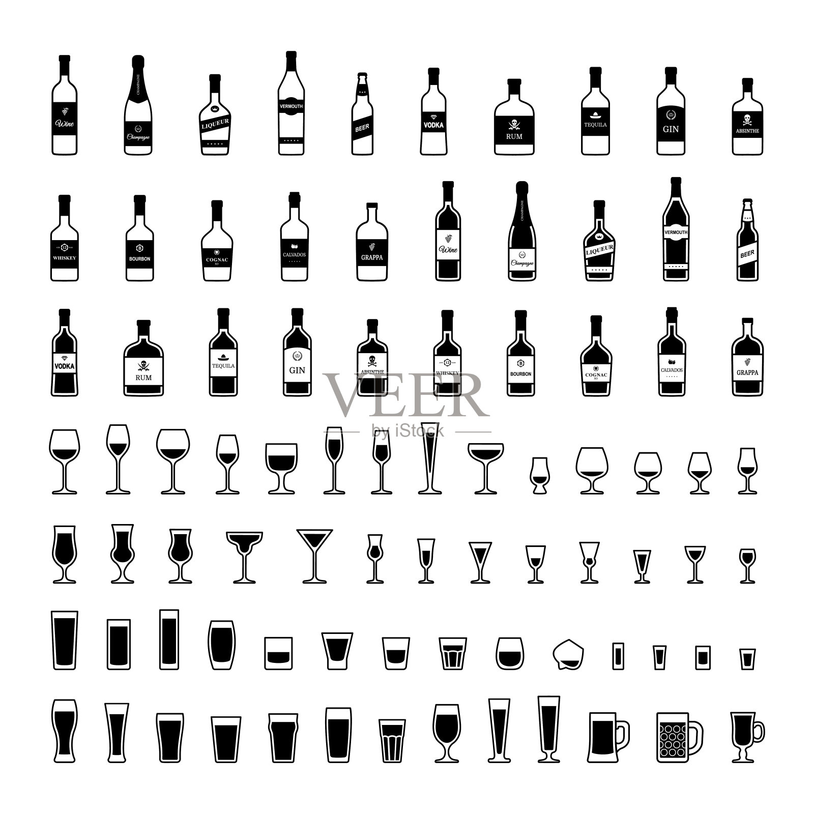 一套不同风格的黑色和白色酒精瓶。向量设计元素图片