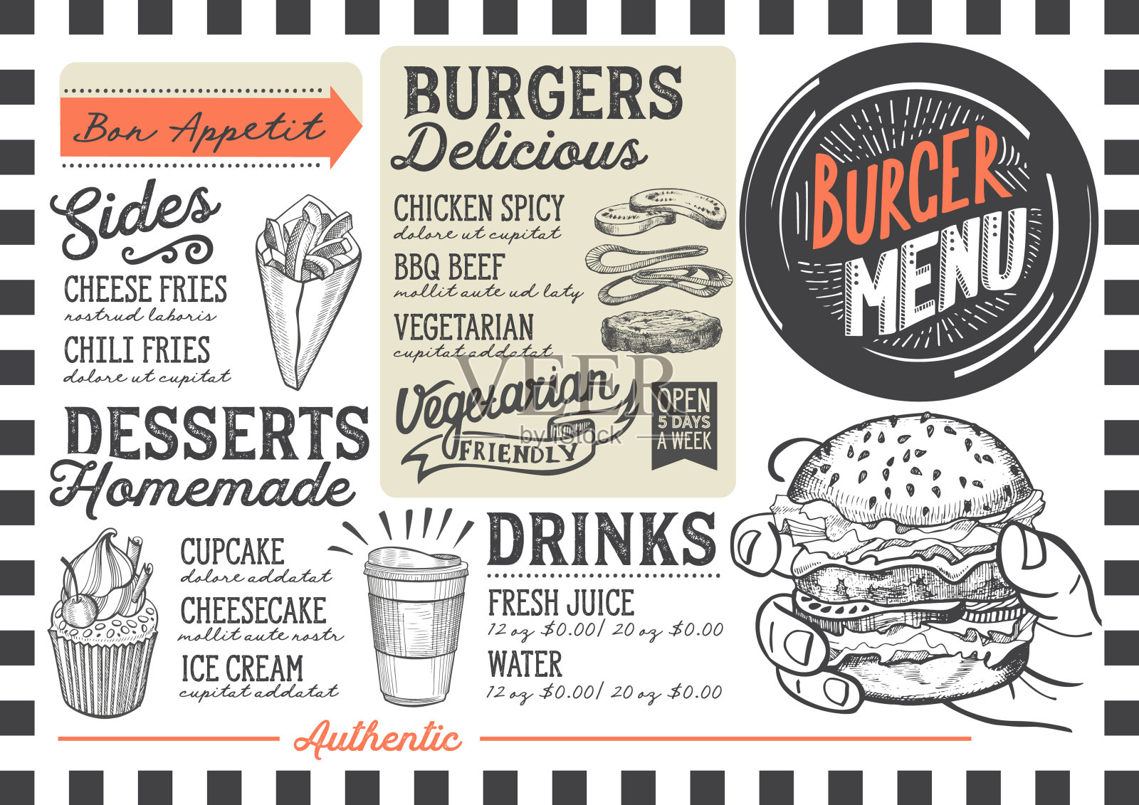 汉堡菜单餐厅，食物模板。插画图片素材