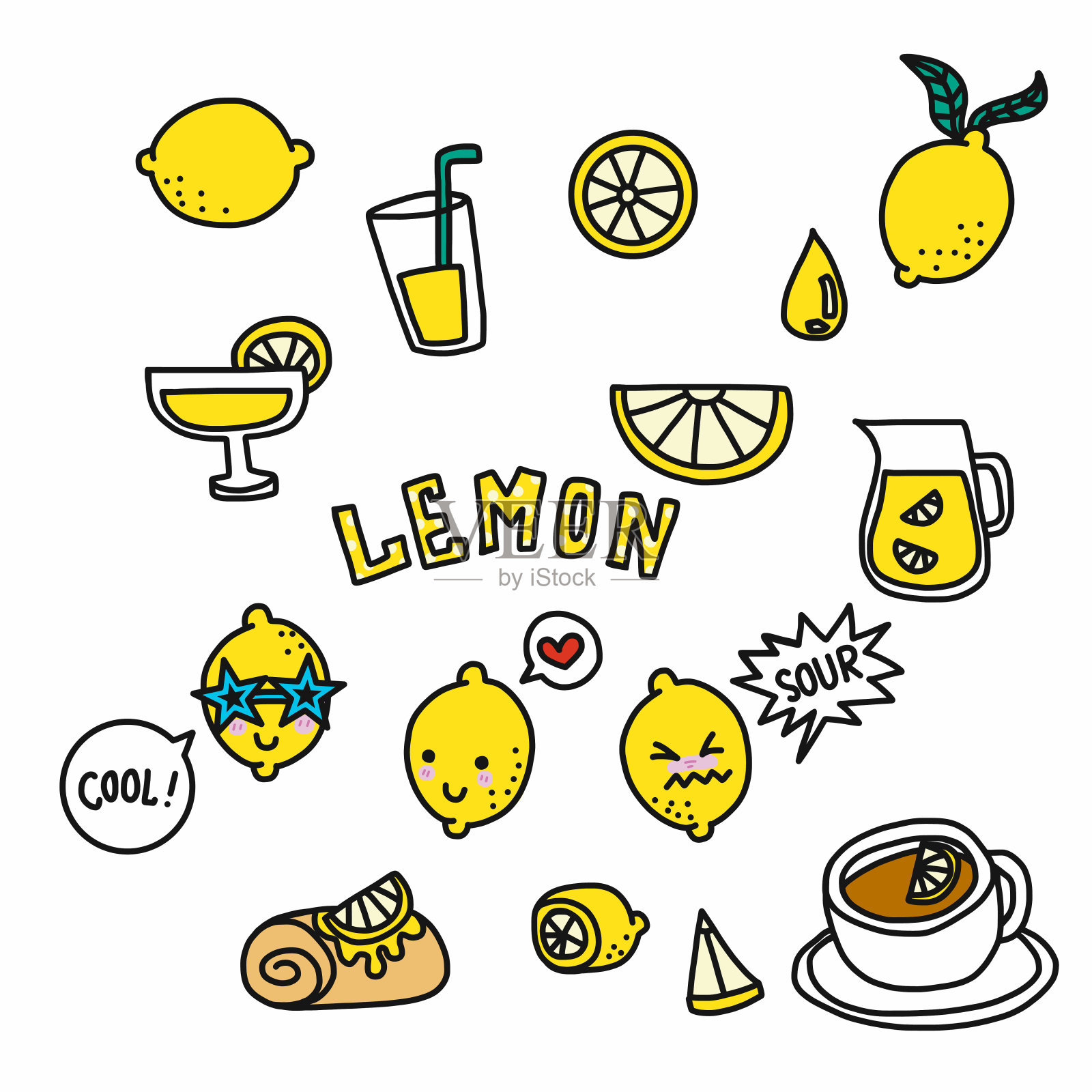 可爱的柠檬卡通涂鸦设置矢量插图插画图片素材