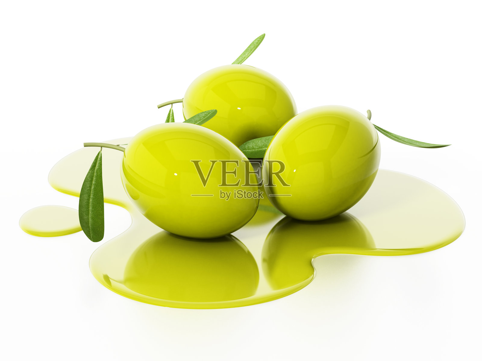 新鲜的生橄榄，绿叶，洒上橄榄油照片摄影图片