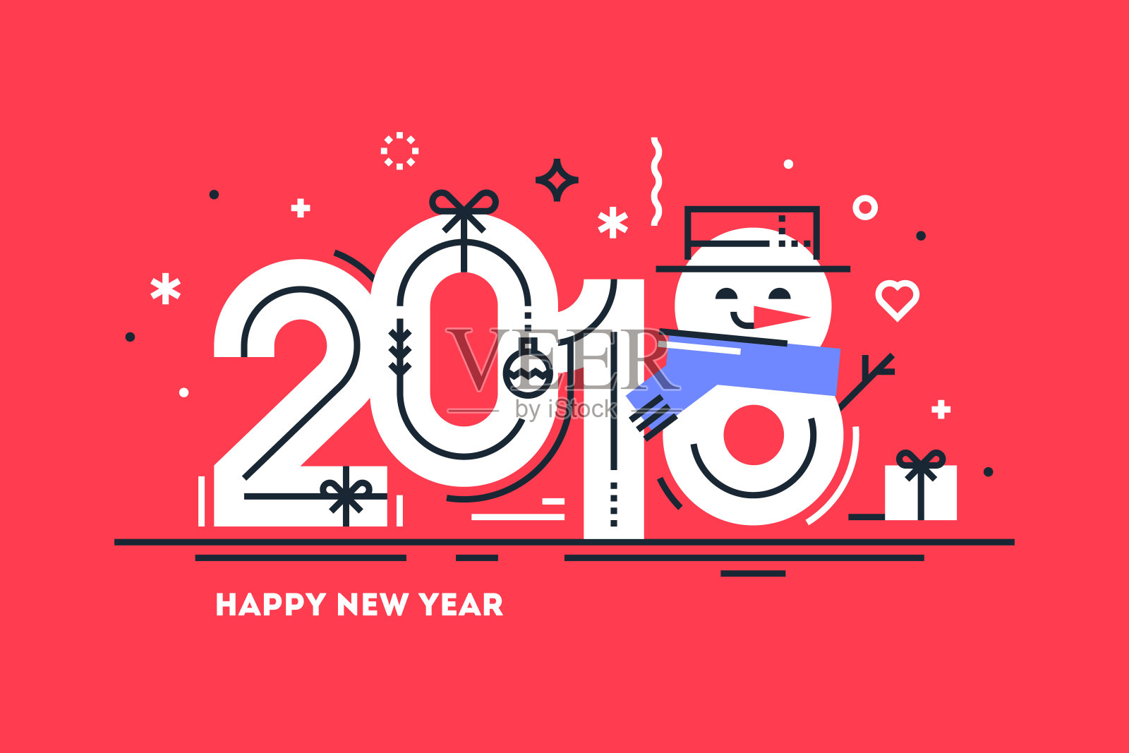 快乐2018年新年平细线水平贺卡或横幅与可爱的雪人代替数字8。明亮的圣诞模板打印或网络。矢量插图。插画图片素材