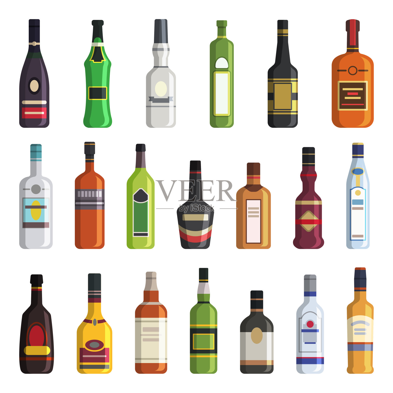 利口酒、威士忌、伏特加等瓶装酒精饮料。平面风格的矢量图片设计元素图片