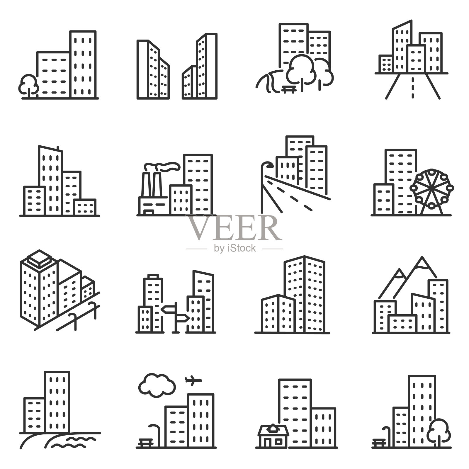 城市和城市建筑，一组图标在一个线性的设计。可编辑的中风图标素材