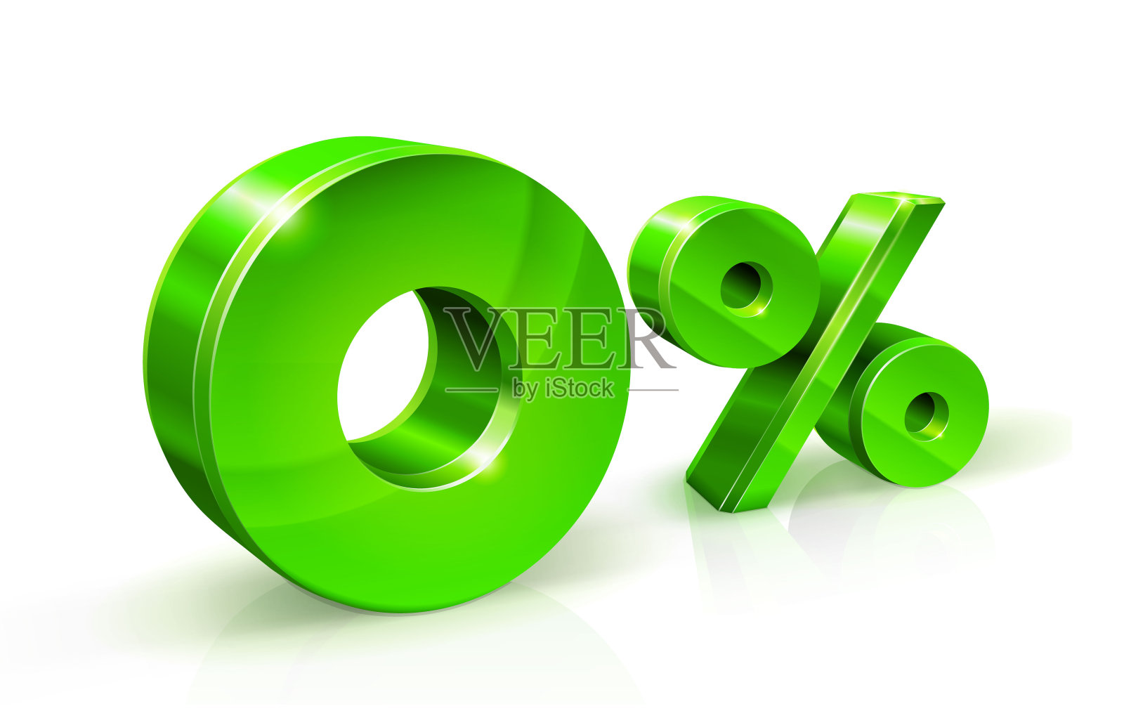 绿色零或零孤立在白色背景反射。零利率，税收设计元素图片