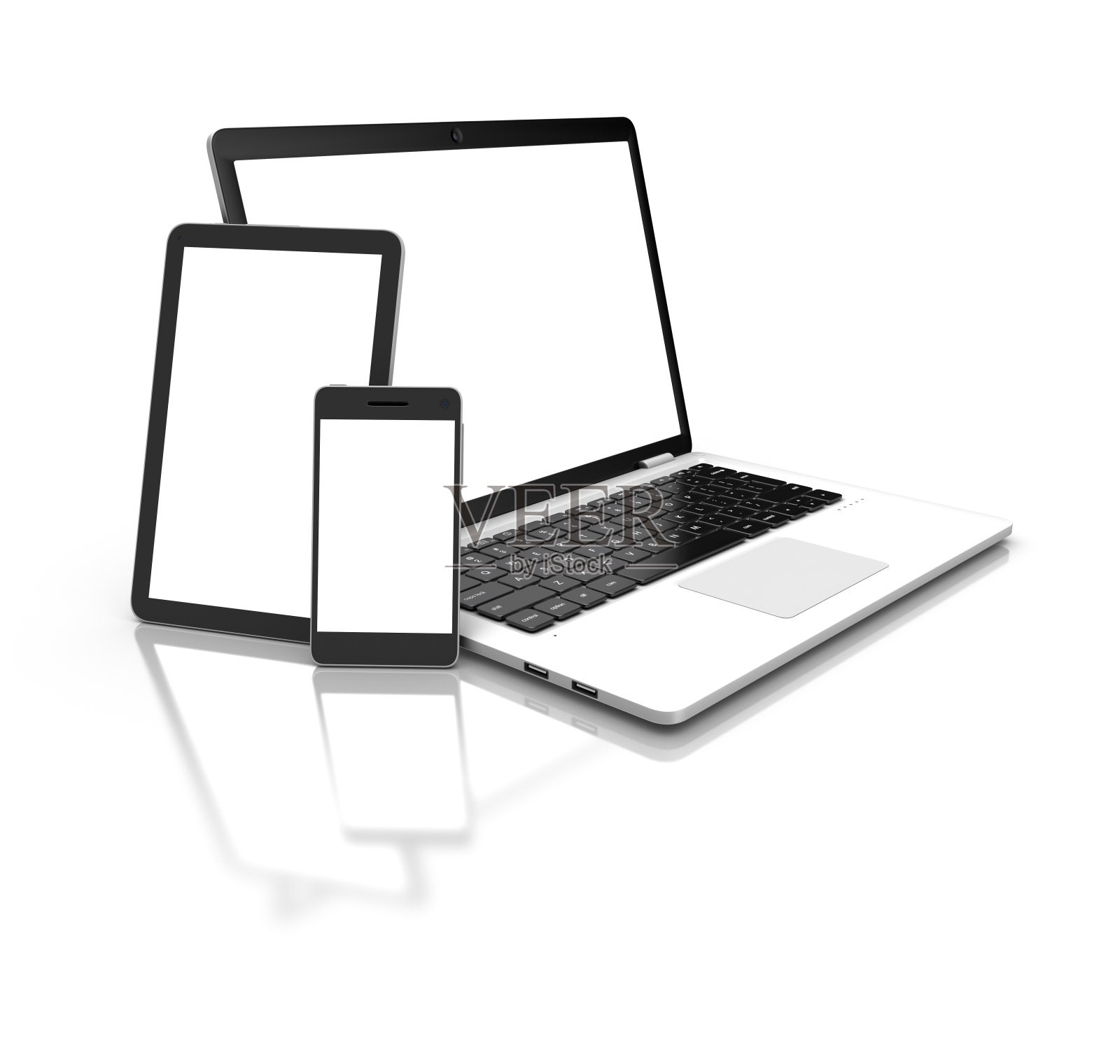 现代笔记本电脑，平板电脑和智能手机隔离在白色。3 d仁德照片摄影图片