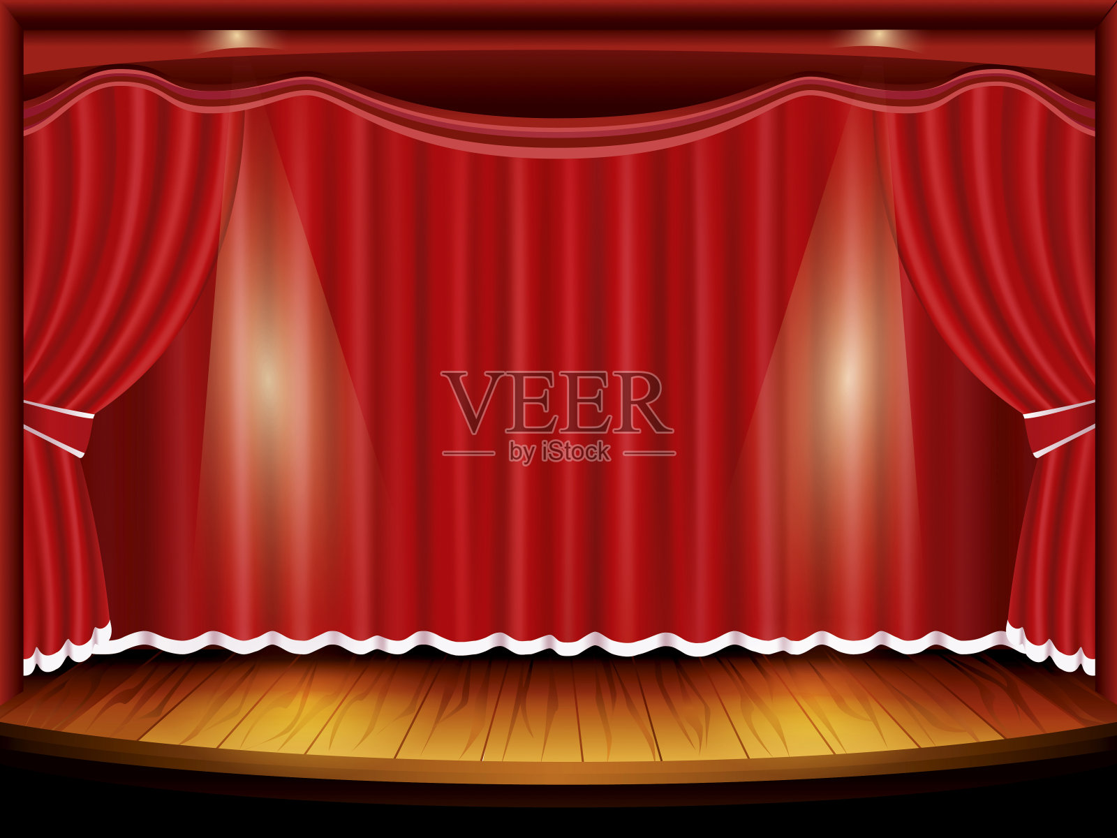 剧场舞台用红色的幕布和聚光灯，矢量插画图片素材