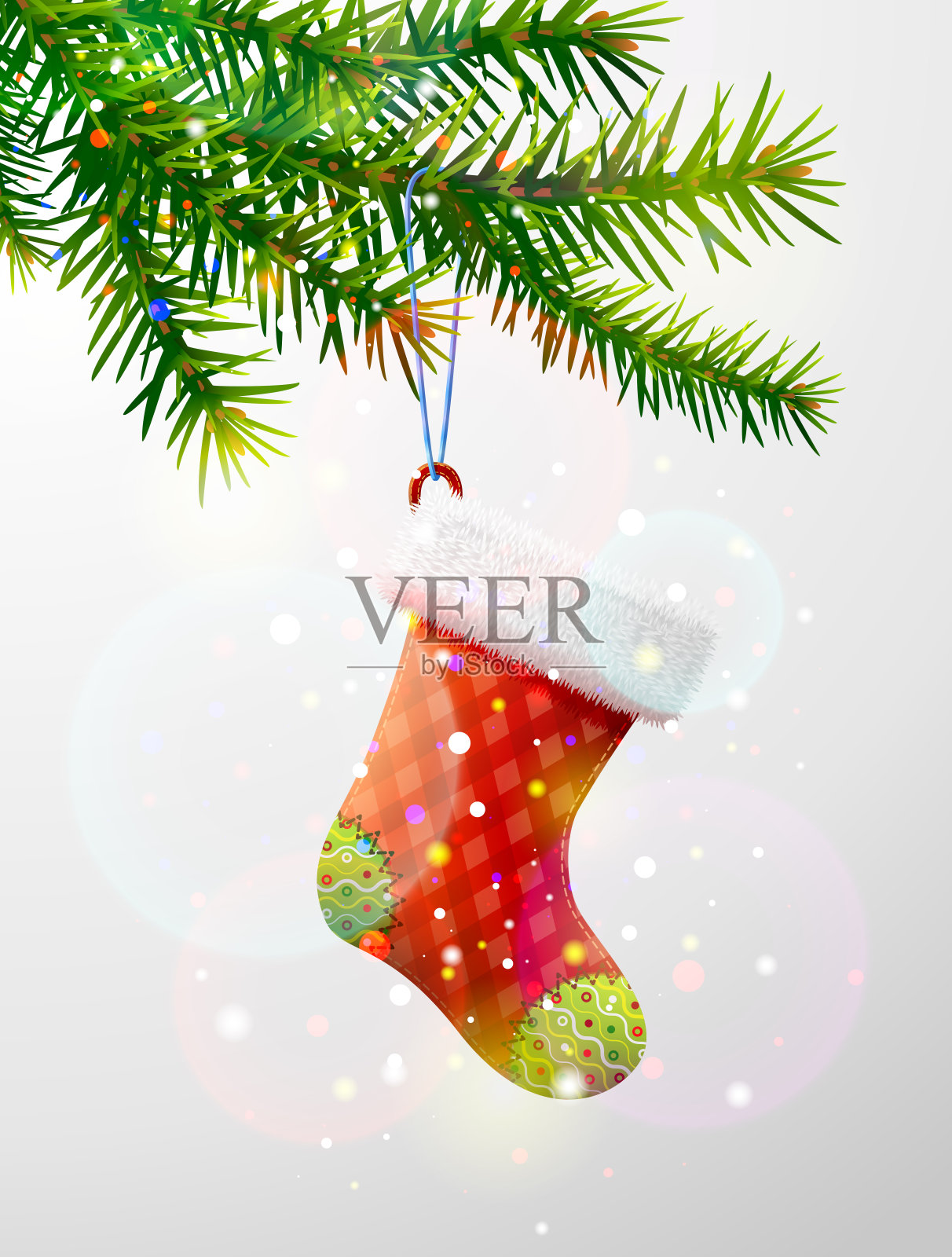 圣诞树的树枝上装饰着红色的袜子插画图片素材
