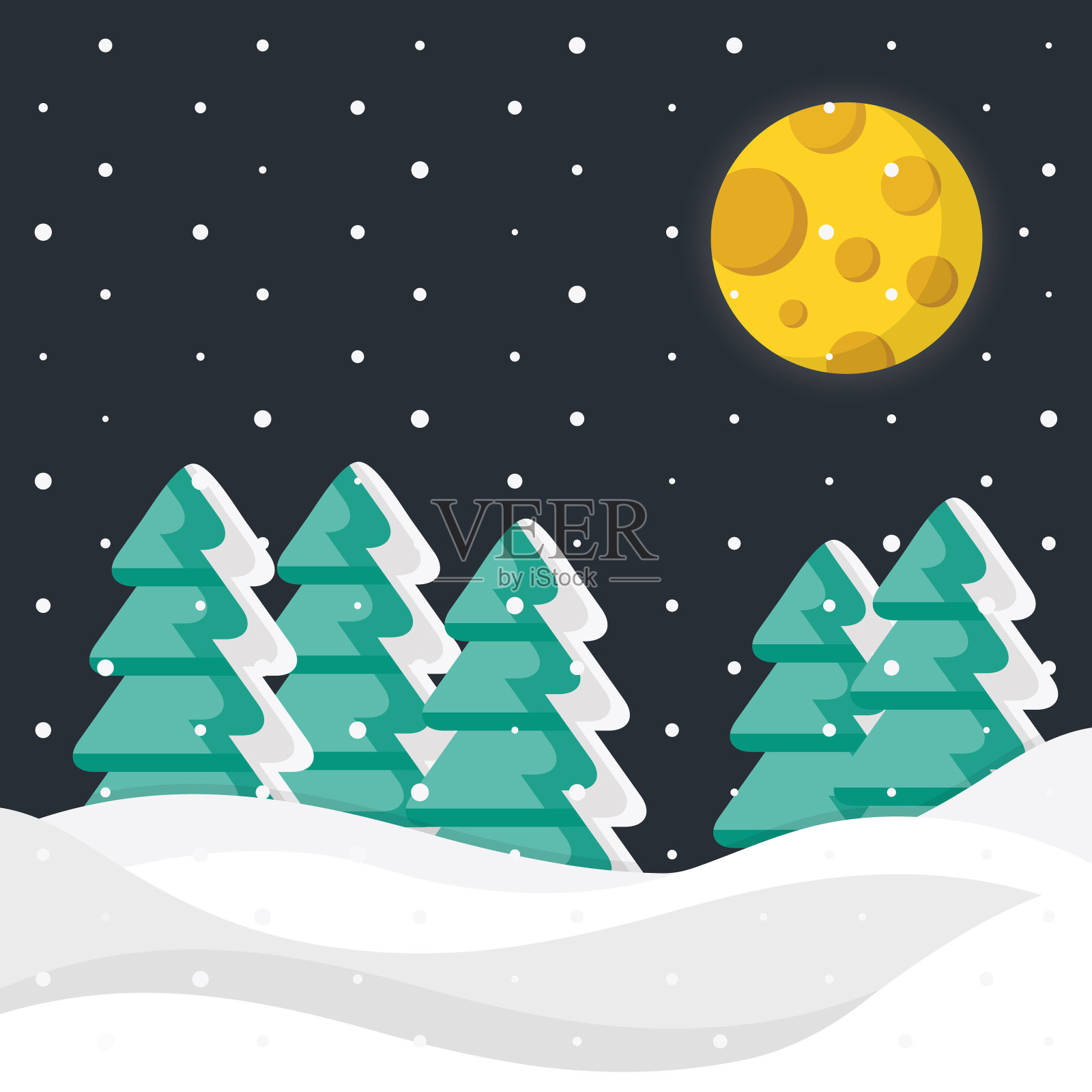 冬天的夜晚。圣诞树，雪花，雪堆和月亮。向量冬季背景插画图片素材