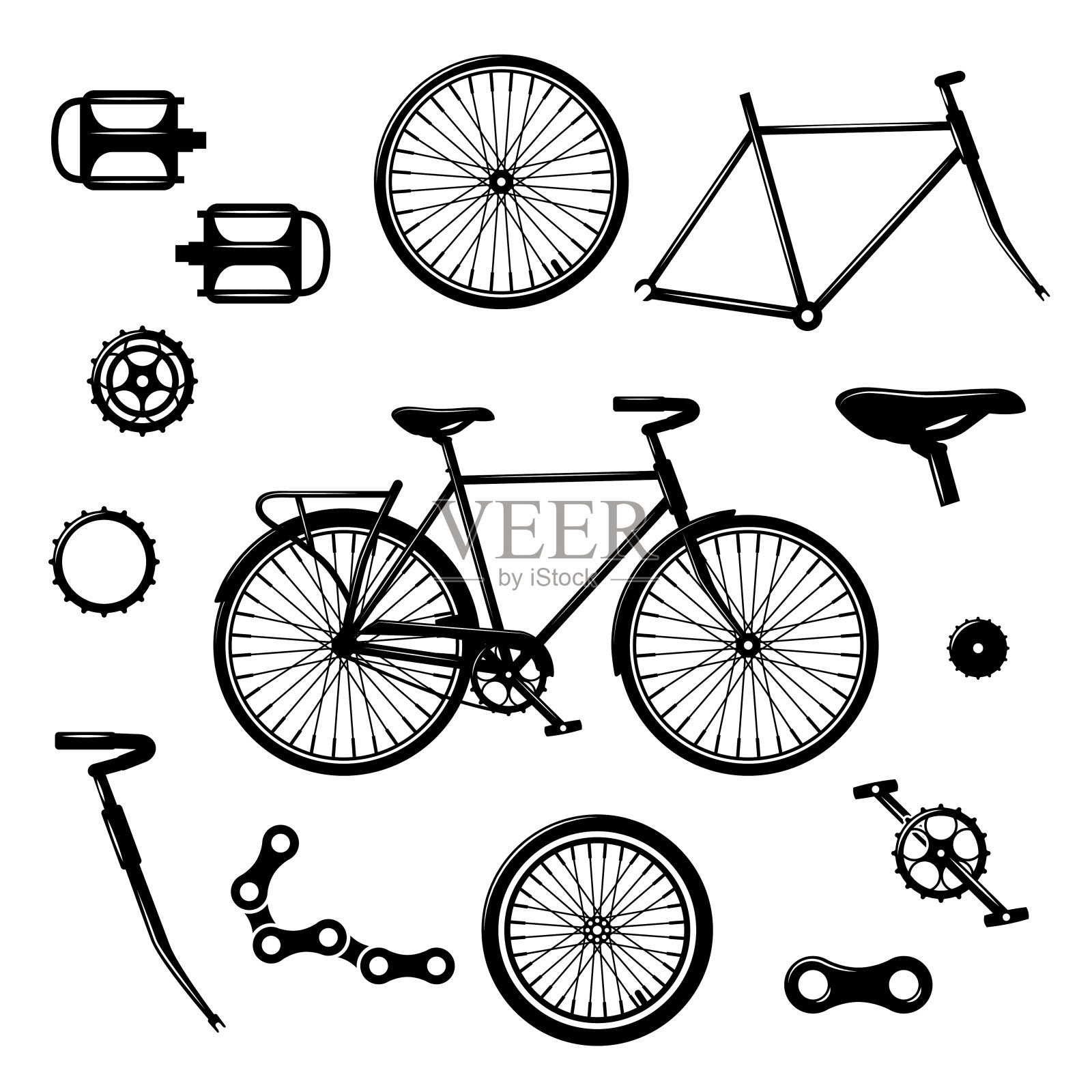 自行车零件。自行车设备与部件隔离向量集设计元素图片