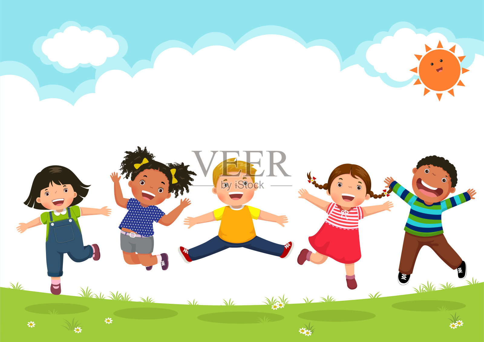 快乐的孩子们在阳光明媚的日子里一起蹦蹦跳跳背景图片素材