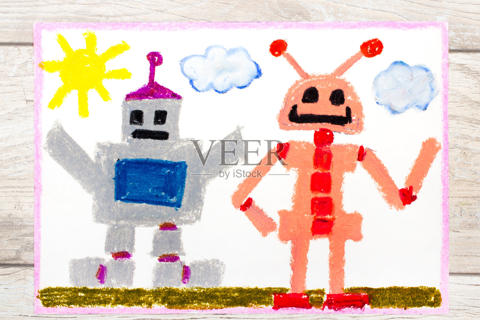彩色图画照片:两个不同的机器人插画图片素材