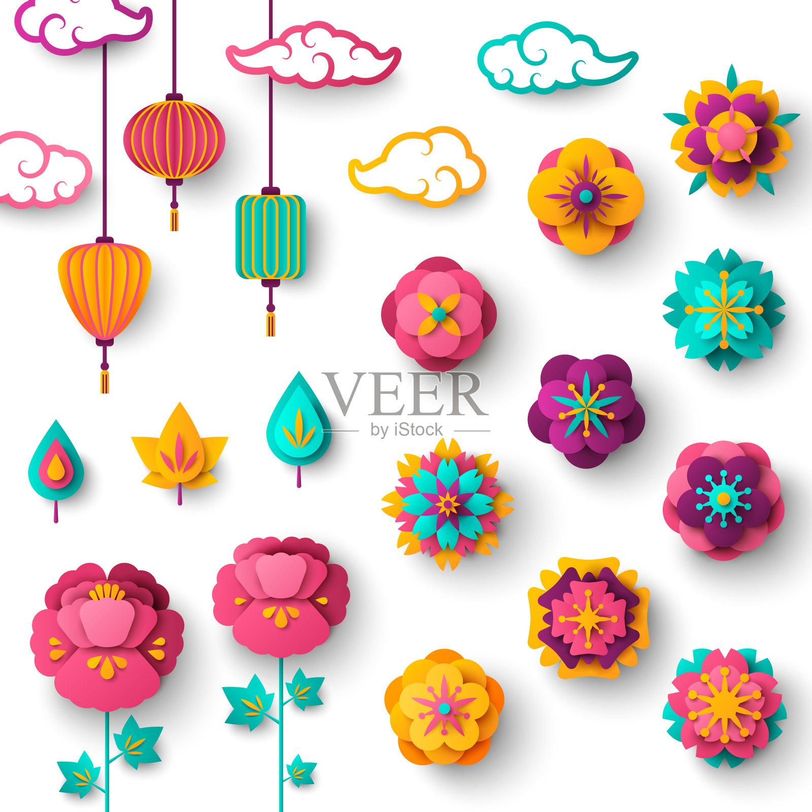 中国装饰图标云，花和中国灯笼设计元素图片