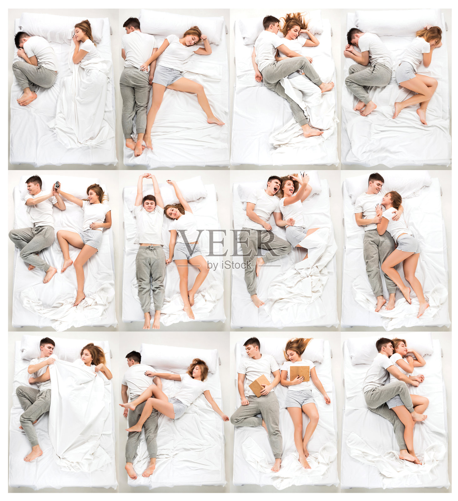 一对可爱的年轻夫妇躺在床上照片摄影图片