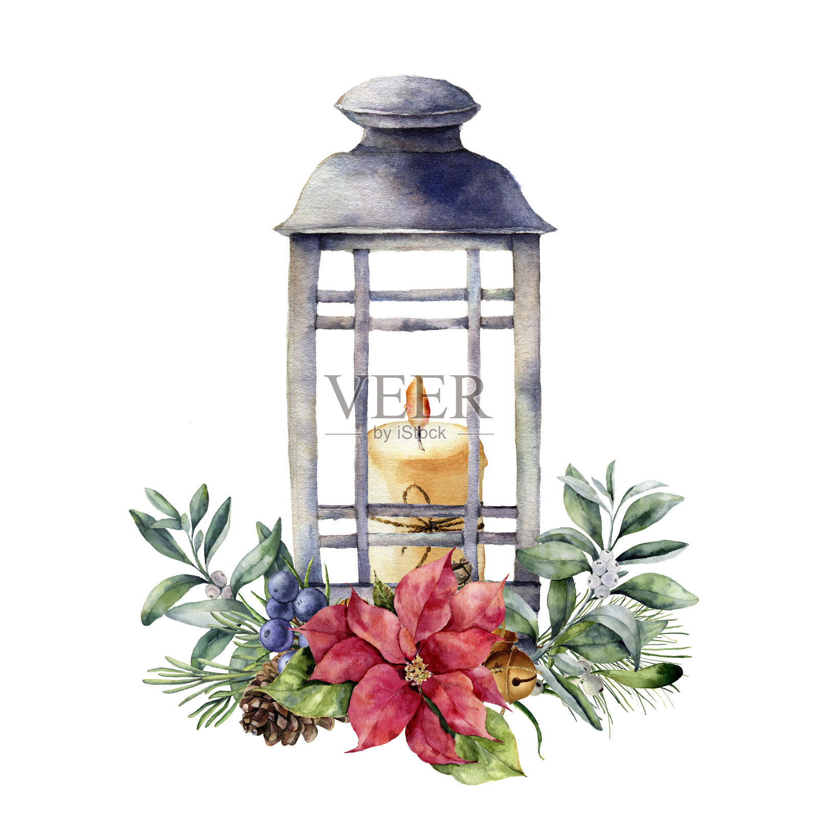水彩圣诞灯笼与蜡烛和节日装饰。手绘花卉组成与冬青，槲寄生，一品红，冷杉枝，铃，杜松子孤立在白色的背景。插画图片素材