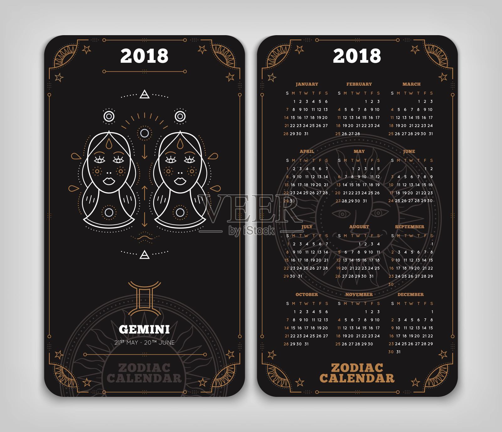 双子座2018年生肖日历口袋大小垂直布局双面黑色设计风格矢量概念插图设计模板素材