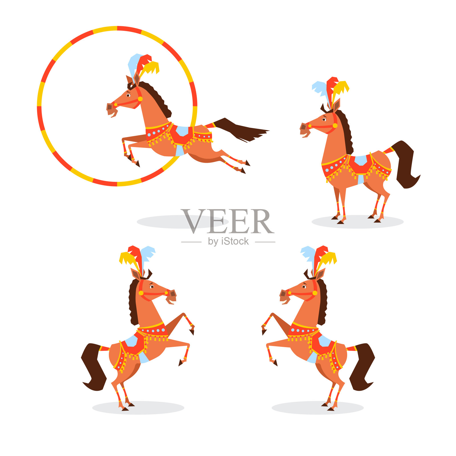 马戏团的马穿着漂亮的衣服，戴着珠宝，羽毛跳过环，用后腿站立。不同的姿势插画图片素材