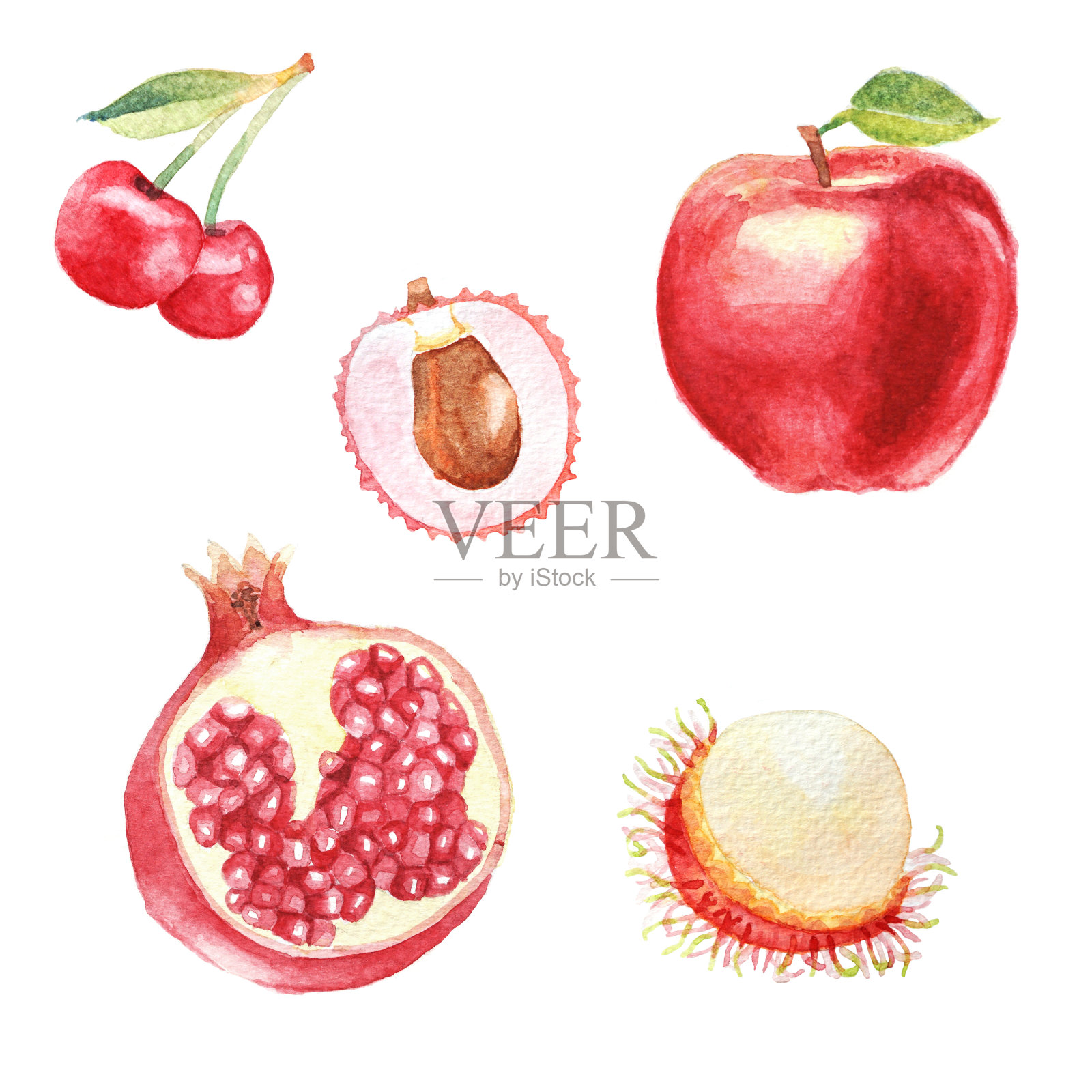 手套水彩水果，鲜食，樱桃，红毛丹，荔枝，红宝石水果，苹果插画图片素材