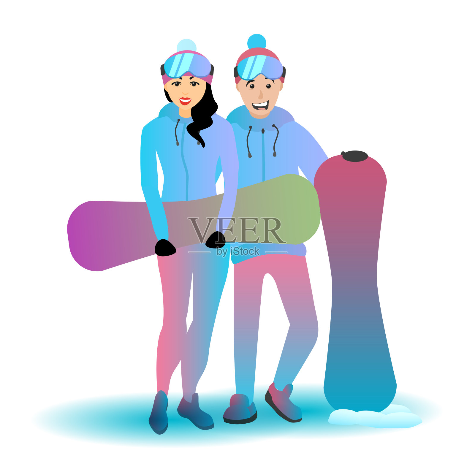 极端夫妇与滑雪板。插画图片素材
