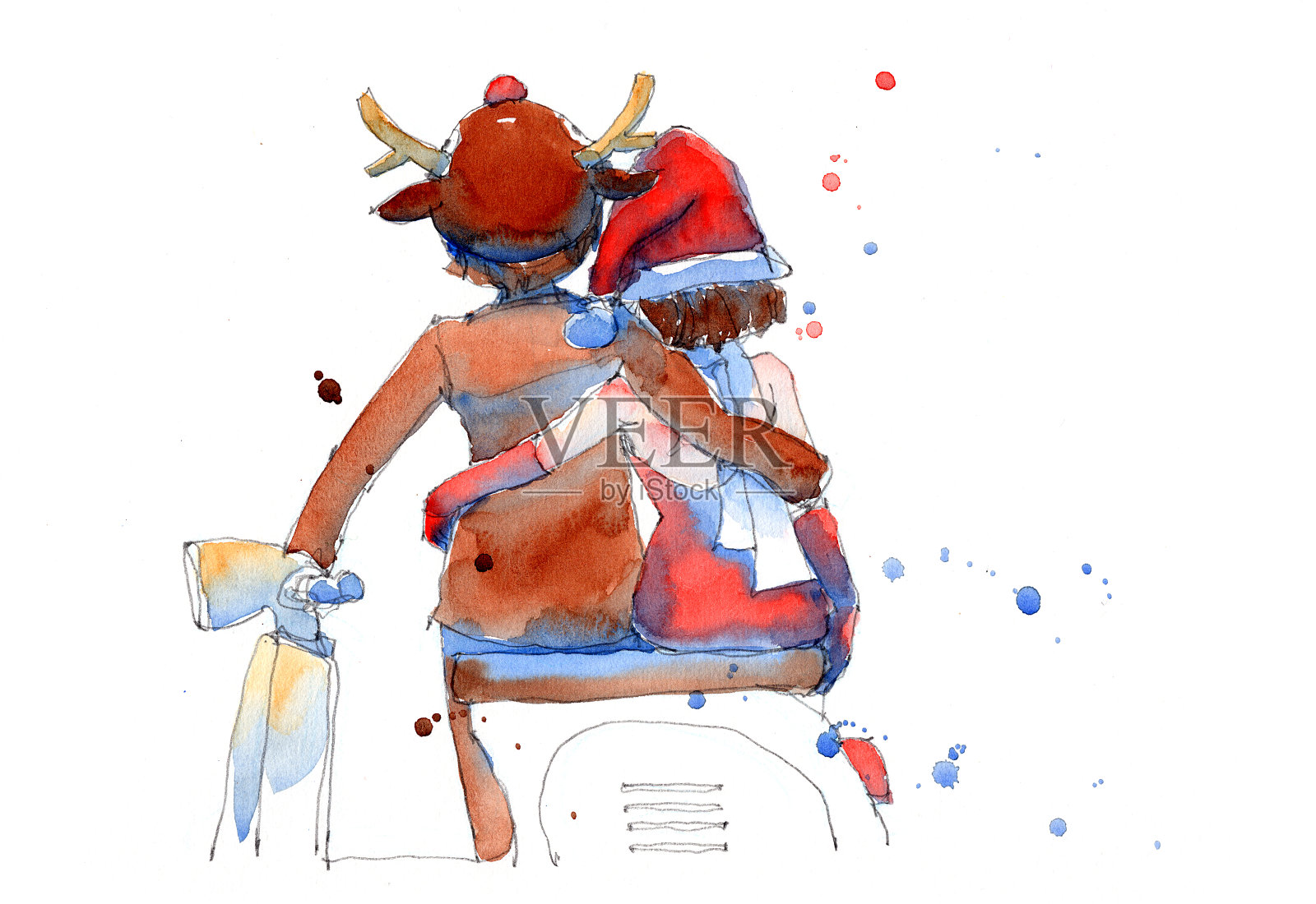 水彩画插图一套年轻夫妇在圣诞节化装服装与老式摩托车，传统艺术品扫描插画图片素材