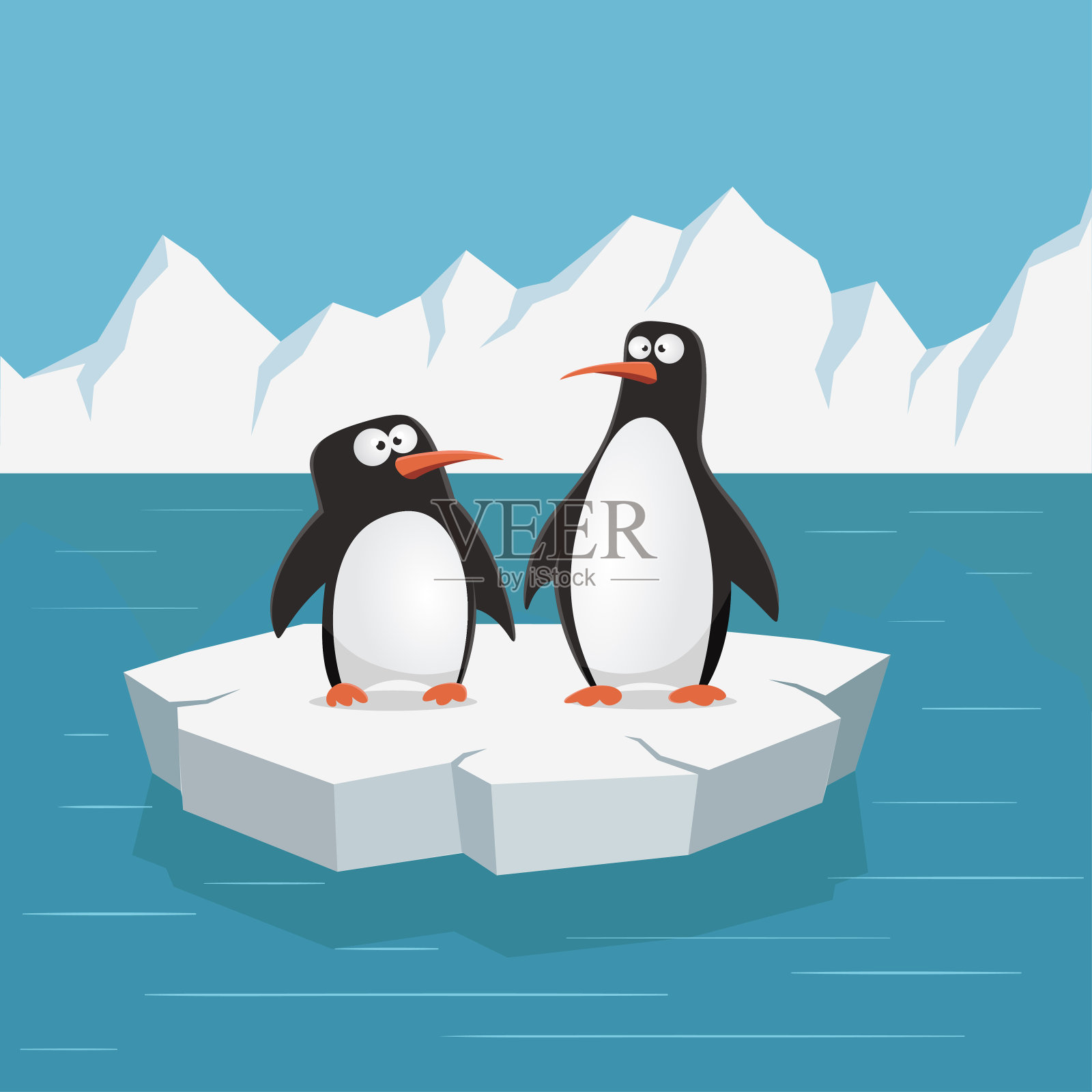 两只可爱的企鹅在浮冰上。矢量插图。插画图片素材