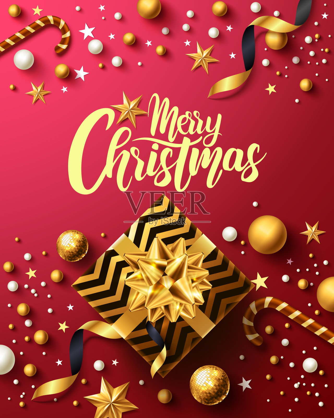 圣诞及新年红海报，配以金色礼盒、彩带及圣诞装饰元素，适合零售、购物或圣诞促销用。矢量图设计模板素材