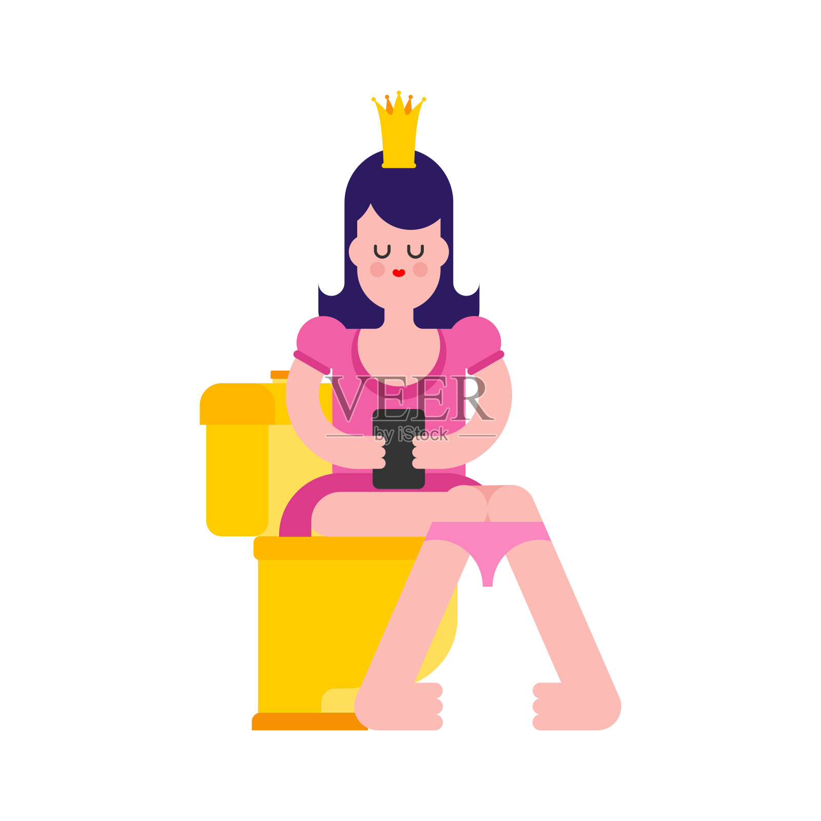 公主在厕所。女人在厕所里。戴着皇冠的可爱女孩。矢量图插画图片素材