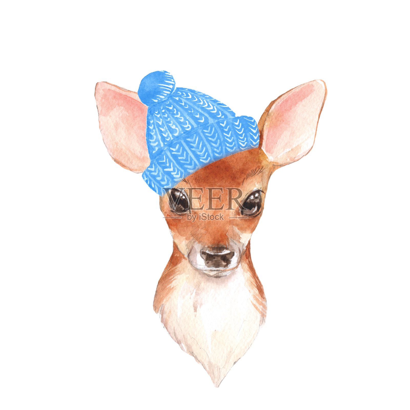 戴着蓝帽子的小鹿。手绘可爱的小鹿插画图片素材