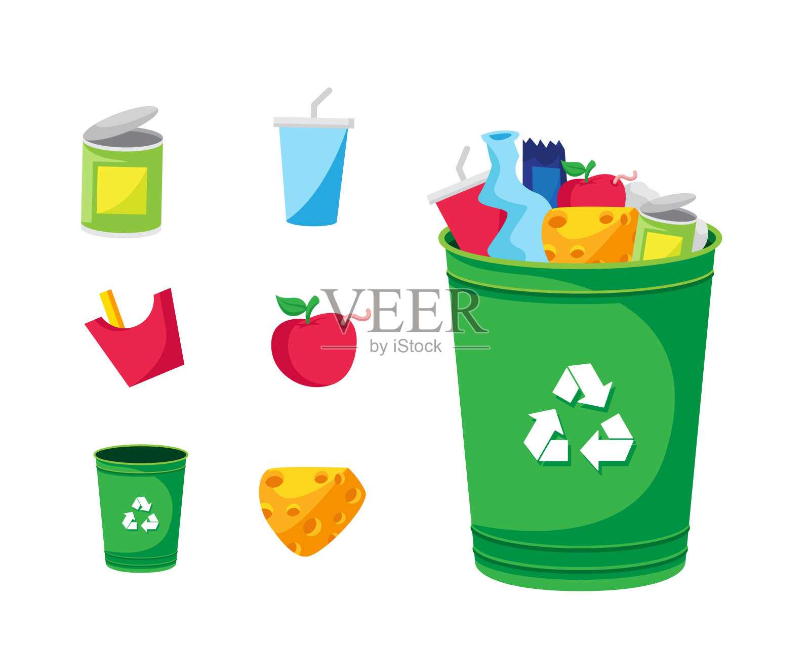 现代绿色回收垃圾桶和垃圾物体插图插画图片素材