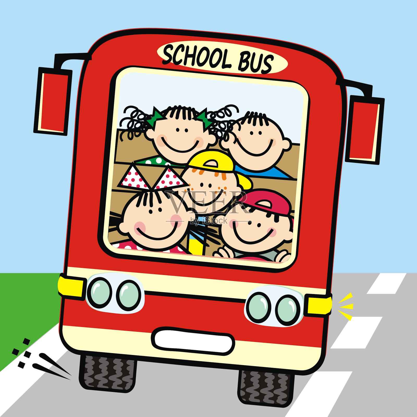 环游世界，红色巴士和快乐的孩子们在路上插画图片素材