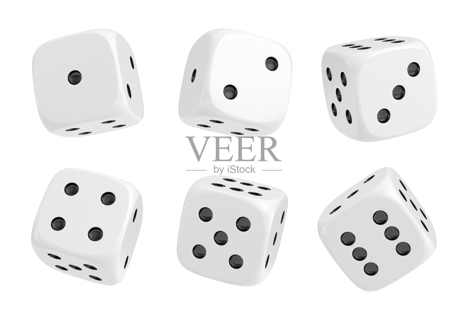 一组6个白色骰子的3d渲染与黑色的点悬挂在一半轮流显示不同的数字。照片摄影图片