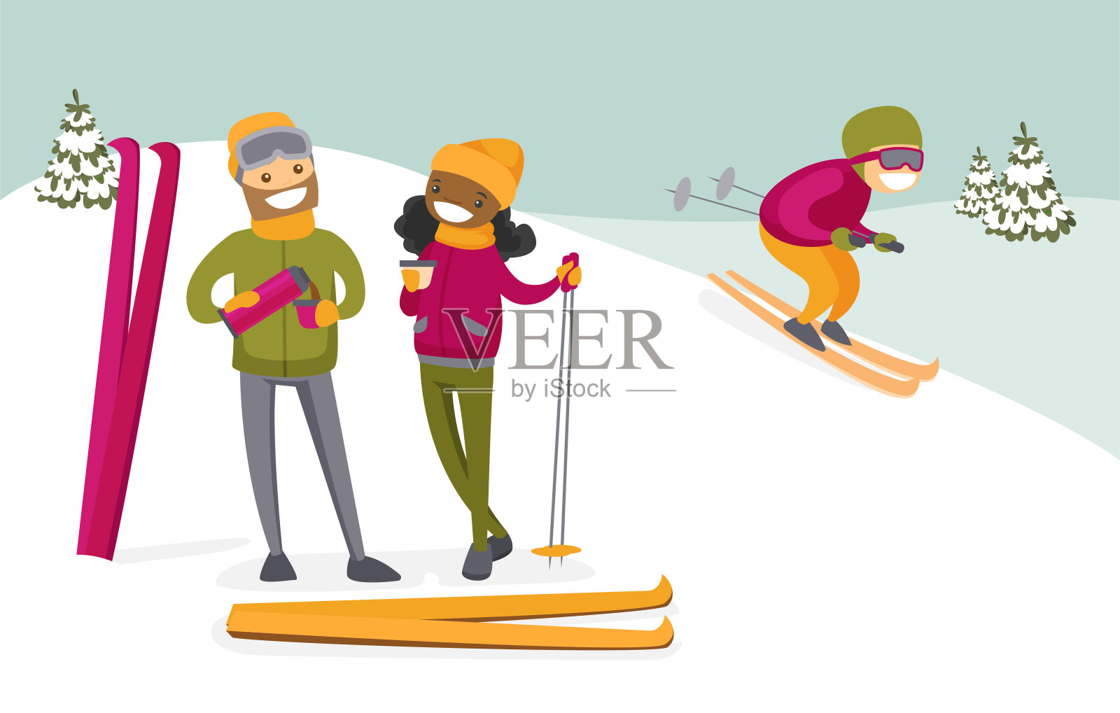 多文化的夫妇在滑雪胜地喝咖啡插画图片素材