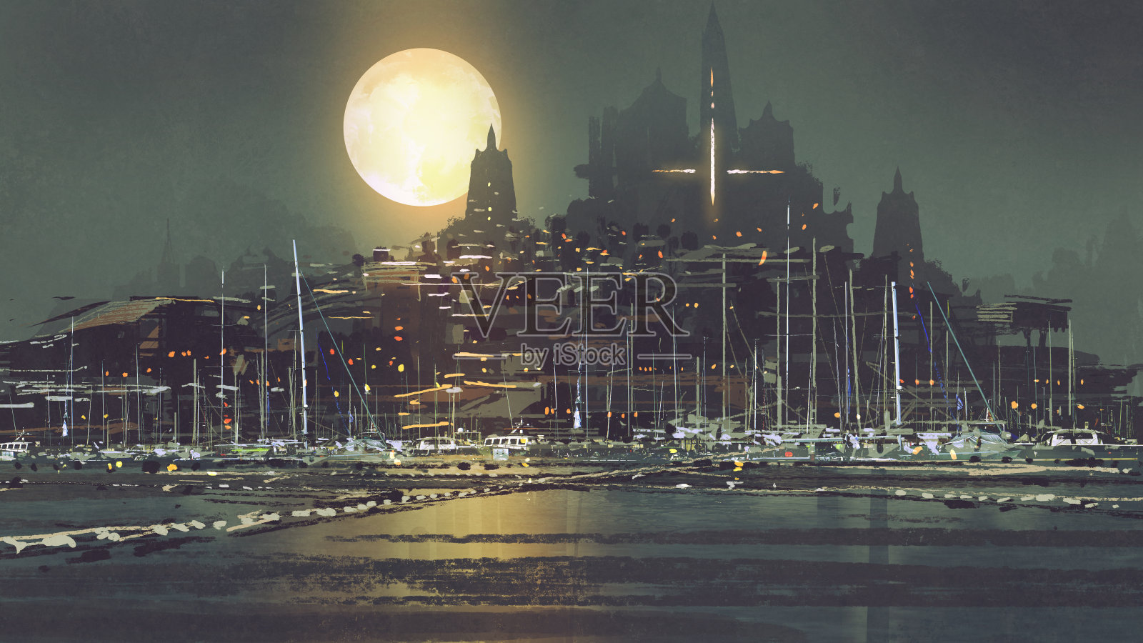 月光下的港口城市风景插画图片素材