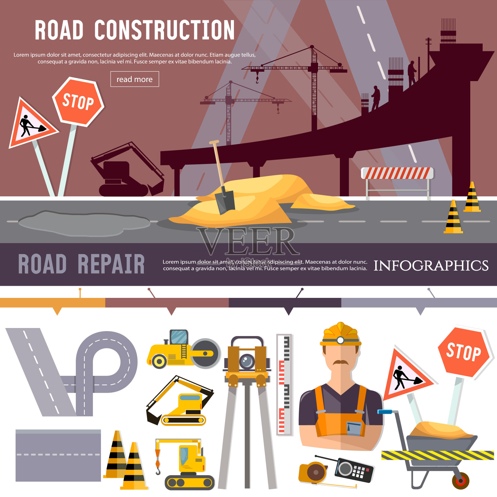 道路建设和道路维修收集。在城里修理是很贵的。工业桥梁工程建设和维修要素向量插画图片素材