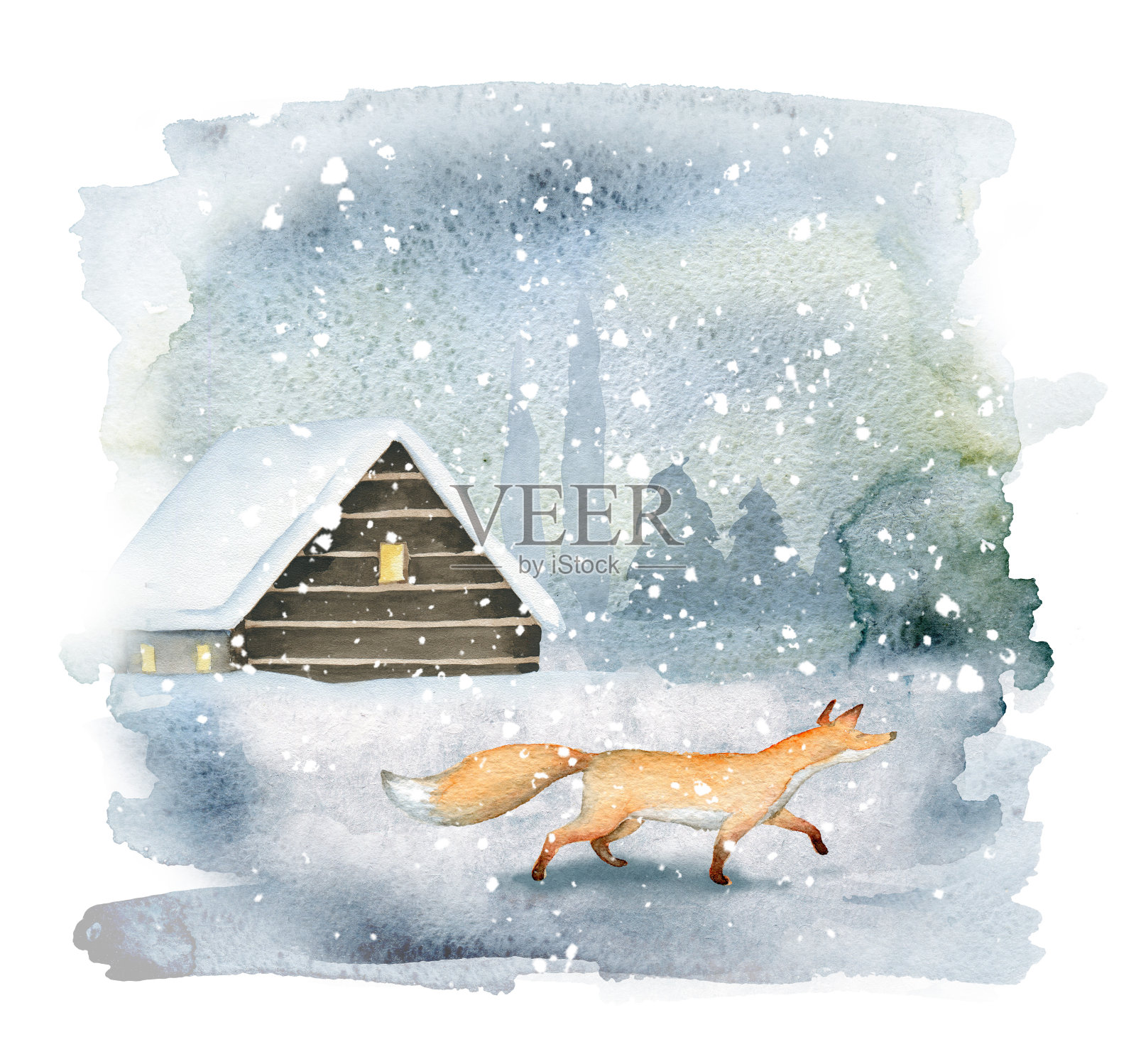 冬天的风景，一个舒适的小木屋和一只狐狸插画图片素材