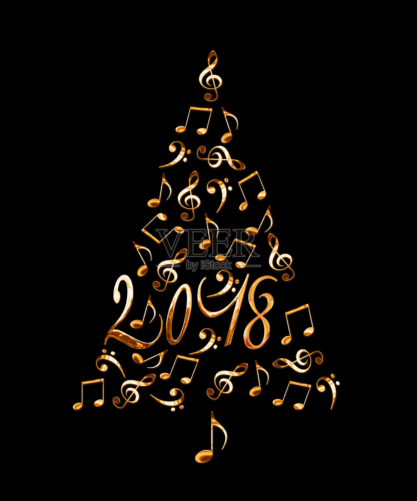 2018年圣诞树与银色金属音符孤立在黑色背景插画图片素材
