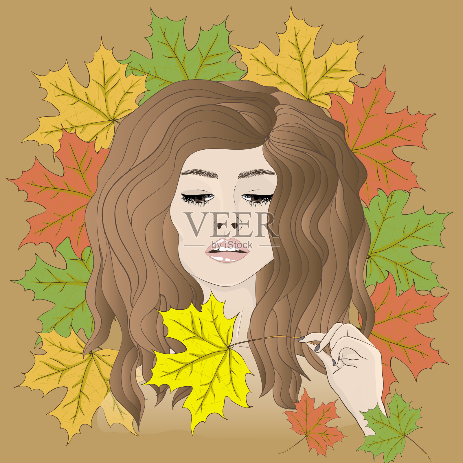 美丽的女人与秋天的枫叶。女生秋。向量插画图片素材