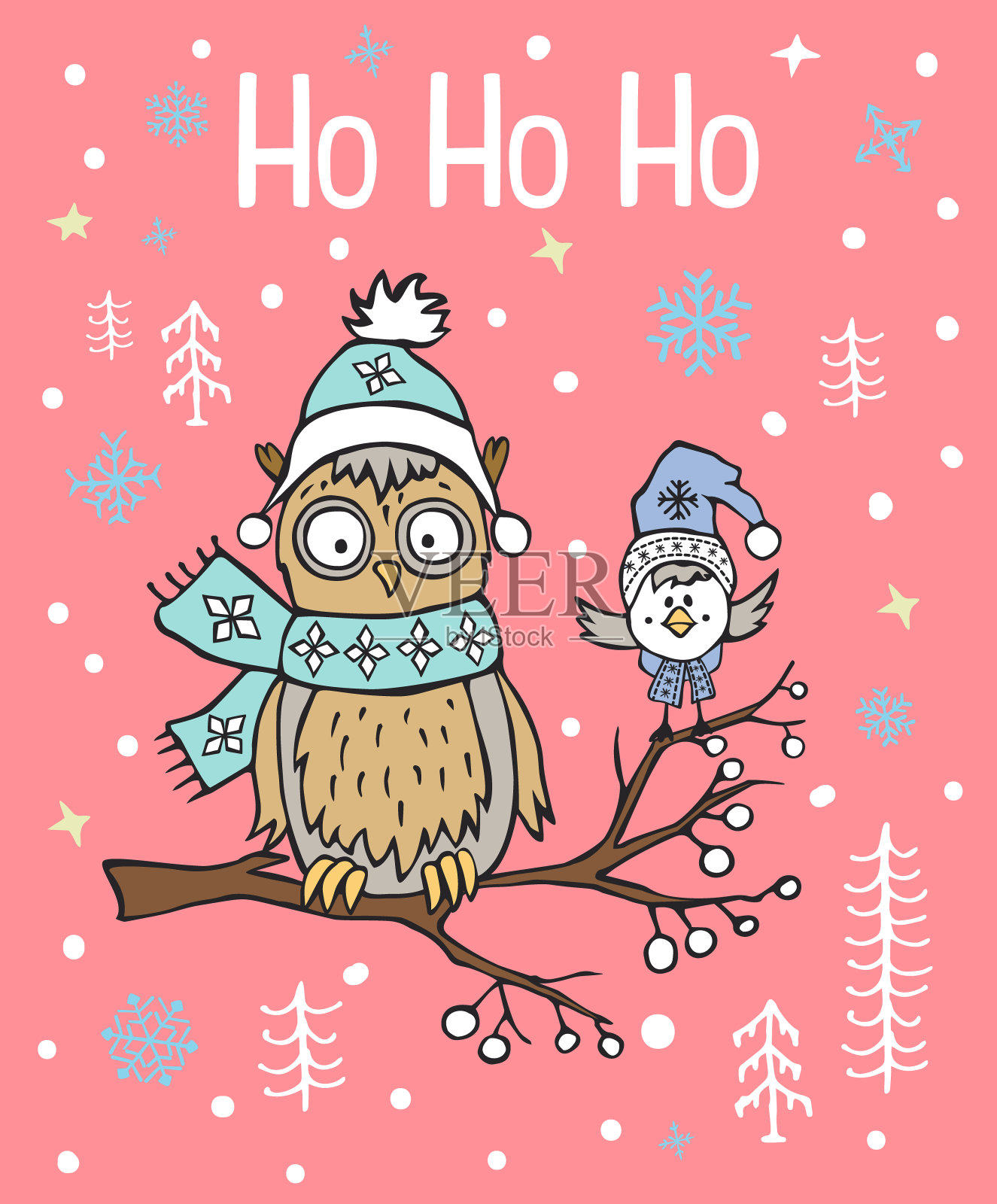 冬季圣诞圣诞快乐新年贺卡可爱有趣的北极猫头鹰和小鸟坐在树枝上插画图片素材