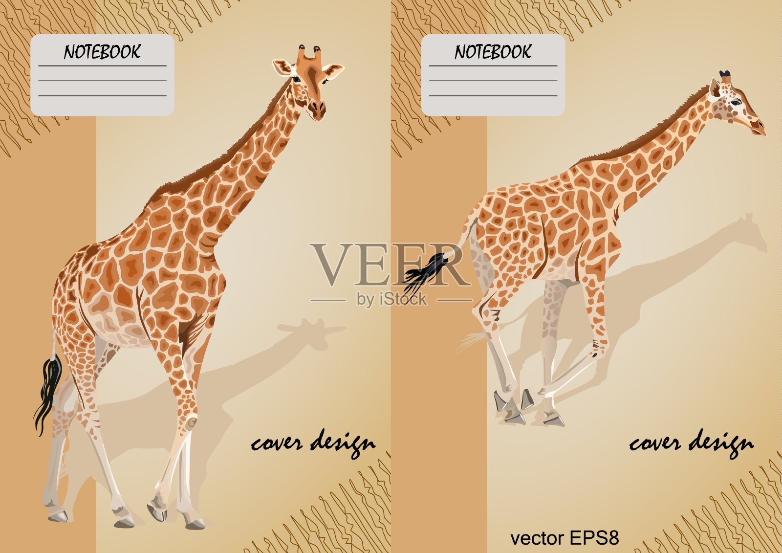 两个封面的笔记本与长颈鹿在米色的背景插画图片素材