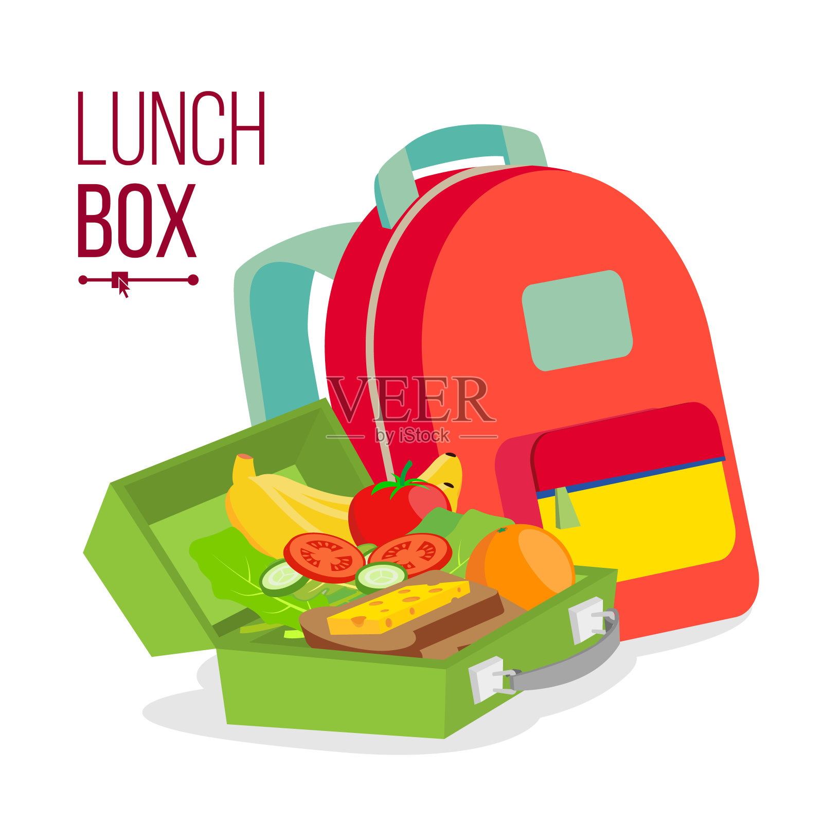 午餐盒和袋子矢量。为孩子和学生提供健康的学校午餐。独立平面卡通插图设计元素图片
