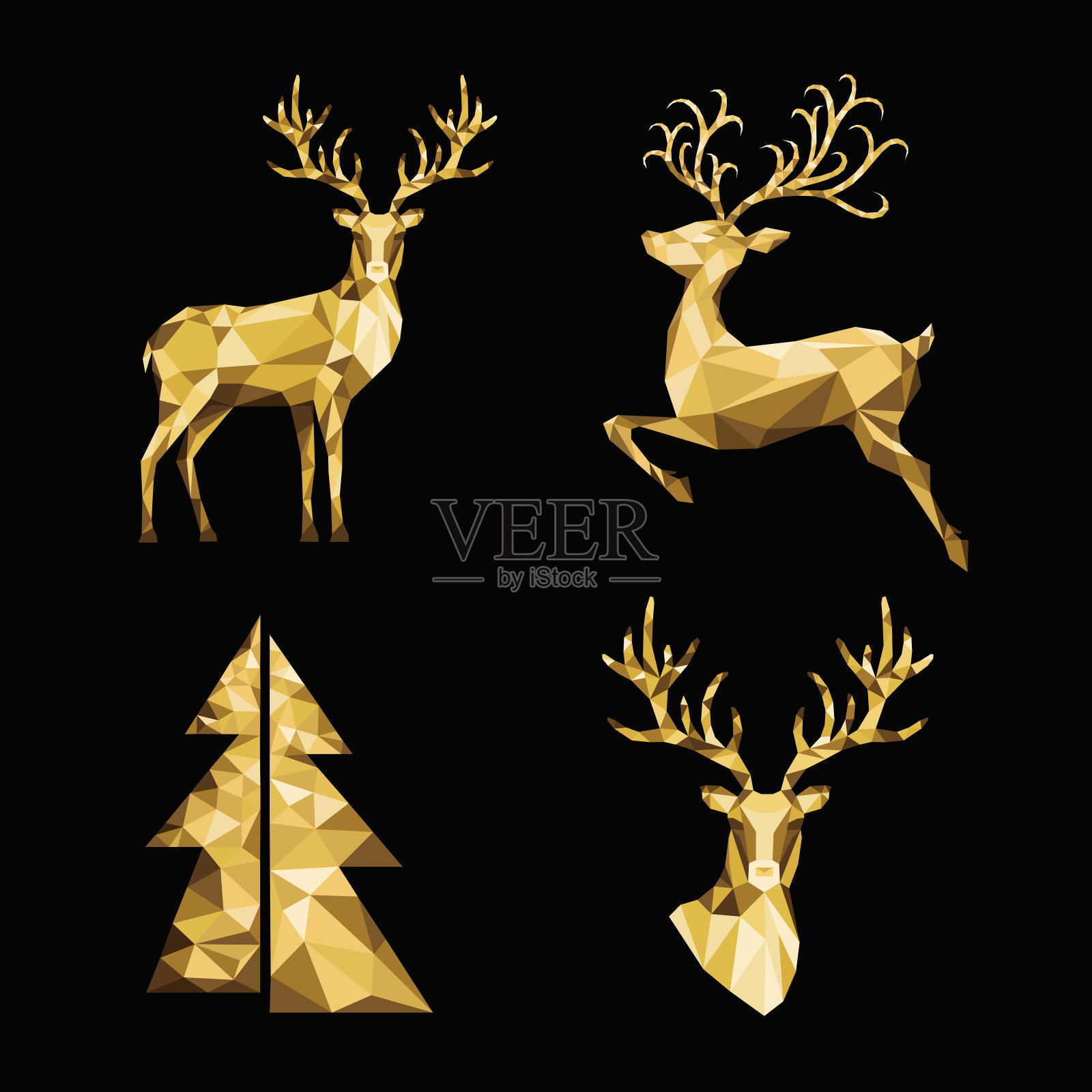 圣诞多边形金色驯鹿和圣诞树在黑色的背景。插画图片素材