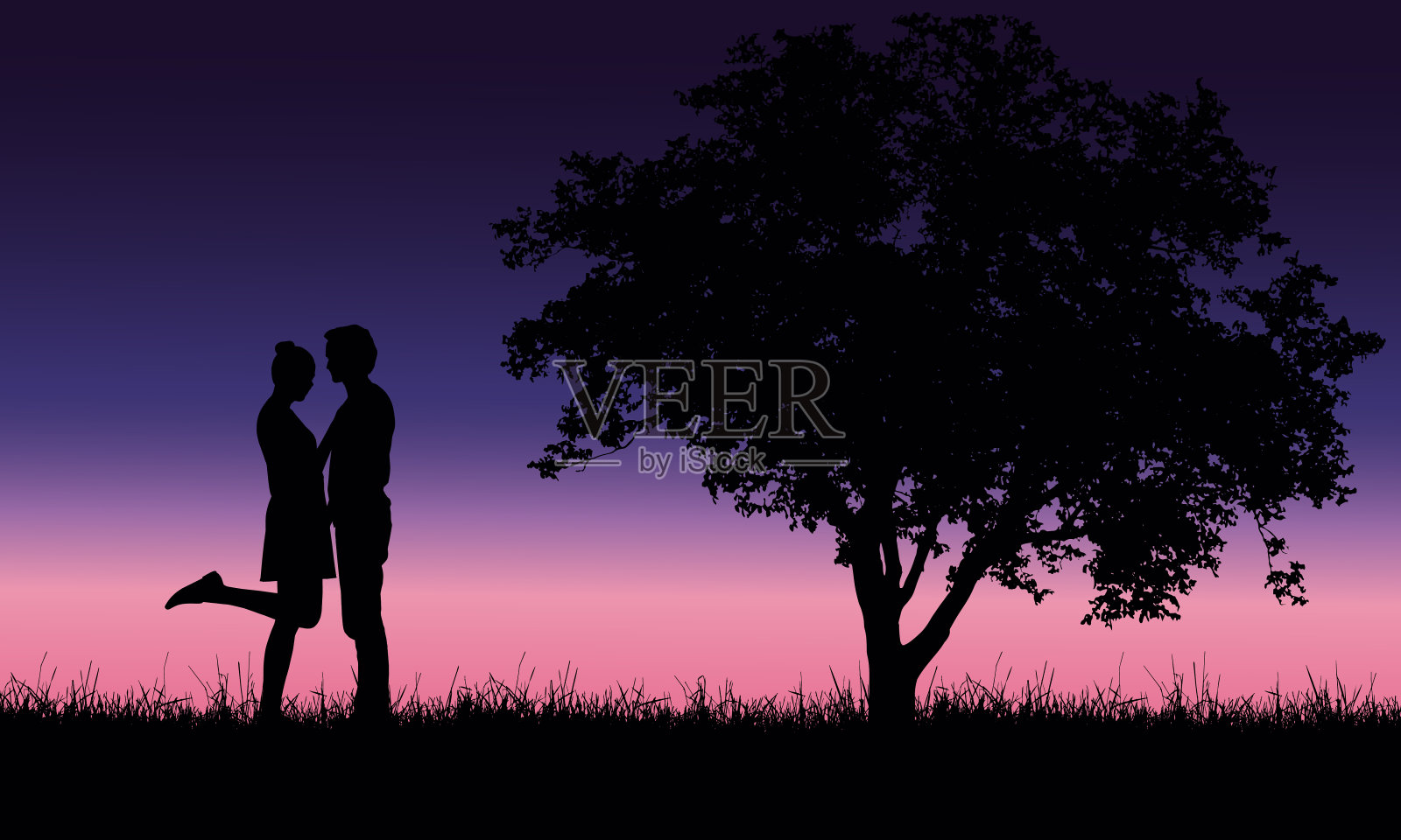 爱的年轻人和女人拥抱在草地上的树在浪漫的天空下与黎明向量插画图片素材