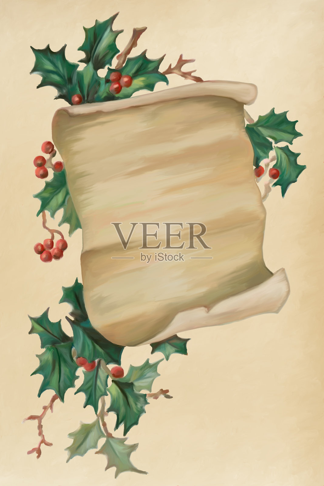 这是一幅以羊皮纸为背景，四周环绕着冬青浆果树枝的古董圣诞主题画插画图片素材