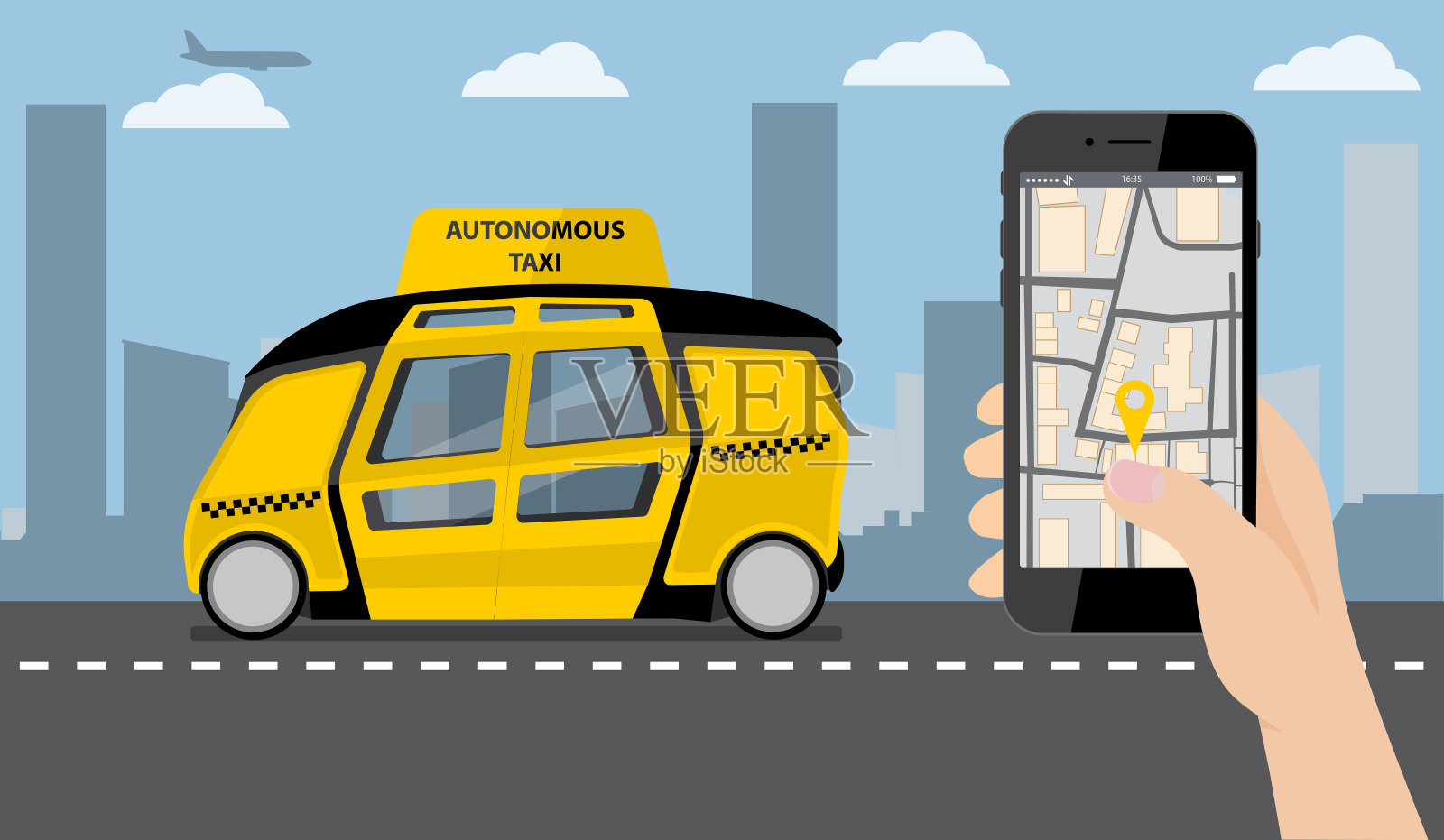 与电话。在设备屏幕上的应用程序订购出租车。插画图片素材