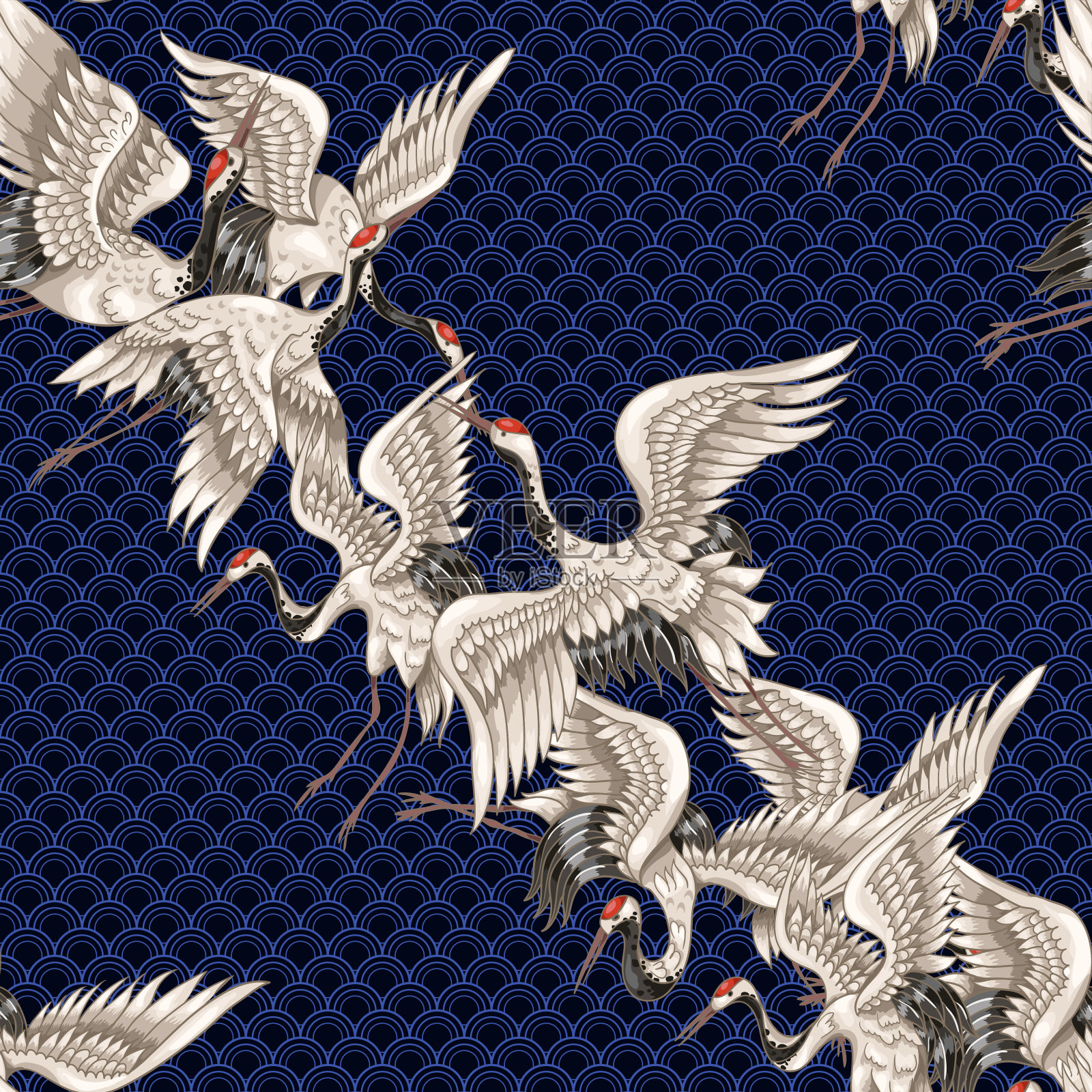 日本白鹤在不同姿势的无缝图案为您设计(刺绣，纺织品，印花)插画图片素材