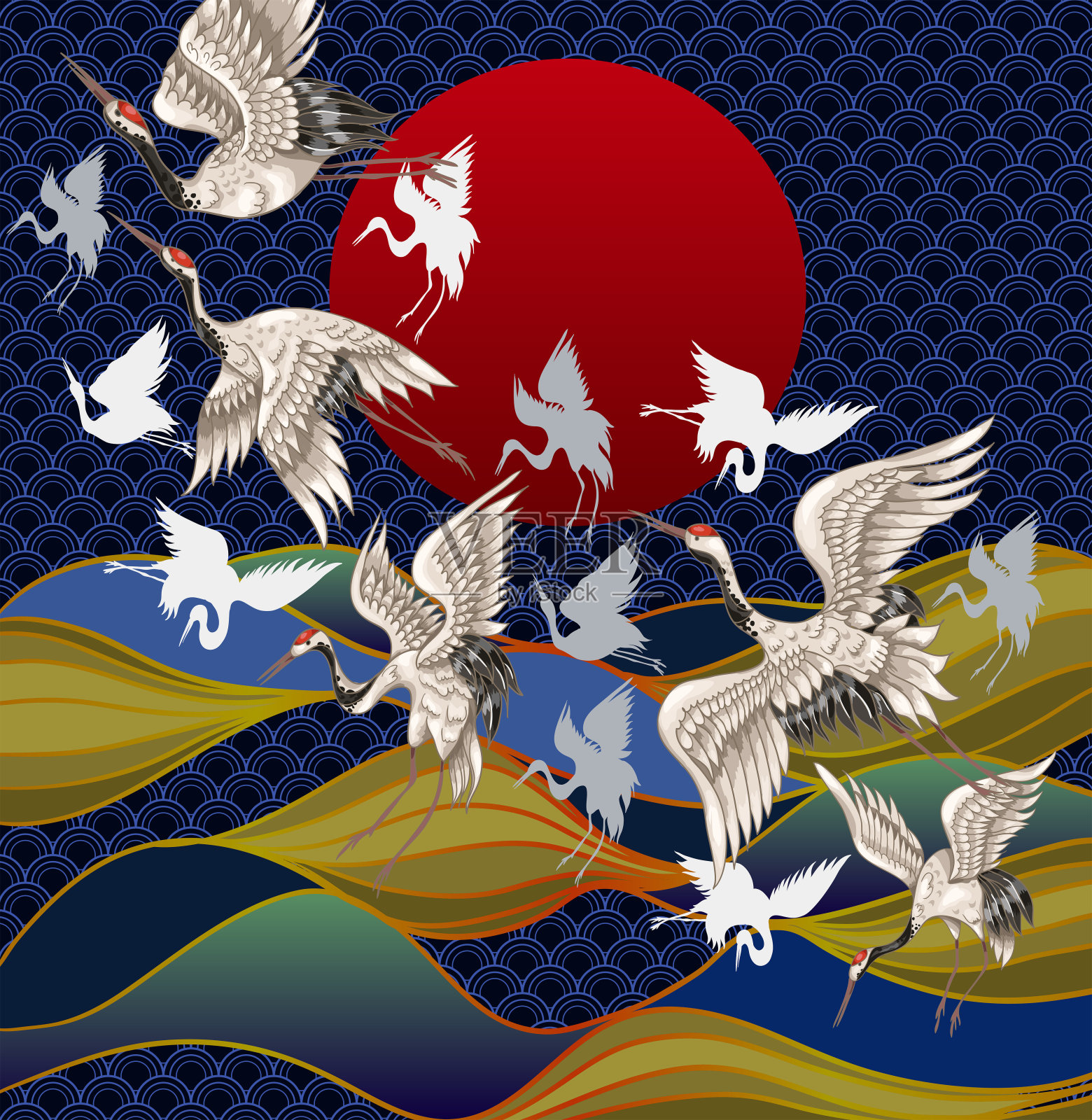 落日和大海映衬下的日本鹤。日本传统印刷绘画插画图片素材