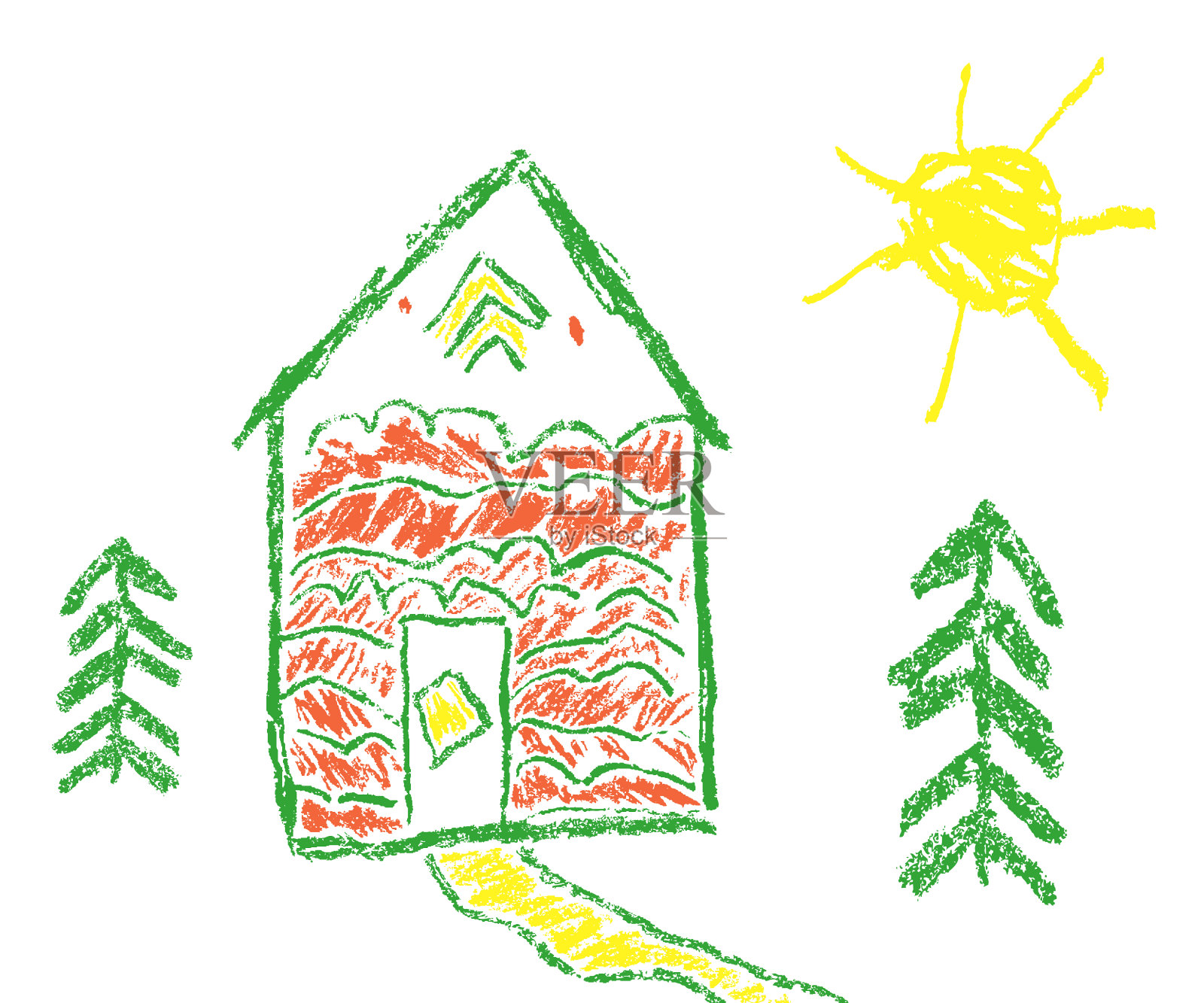房子，太阳，杉树蜡笔像孩子的手画。设计元素图片