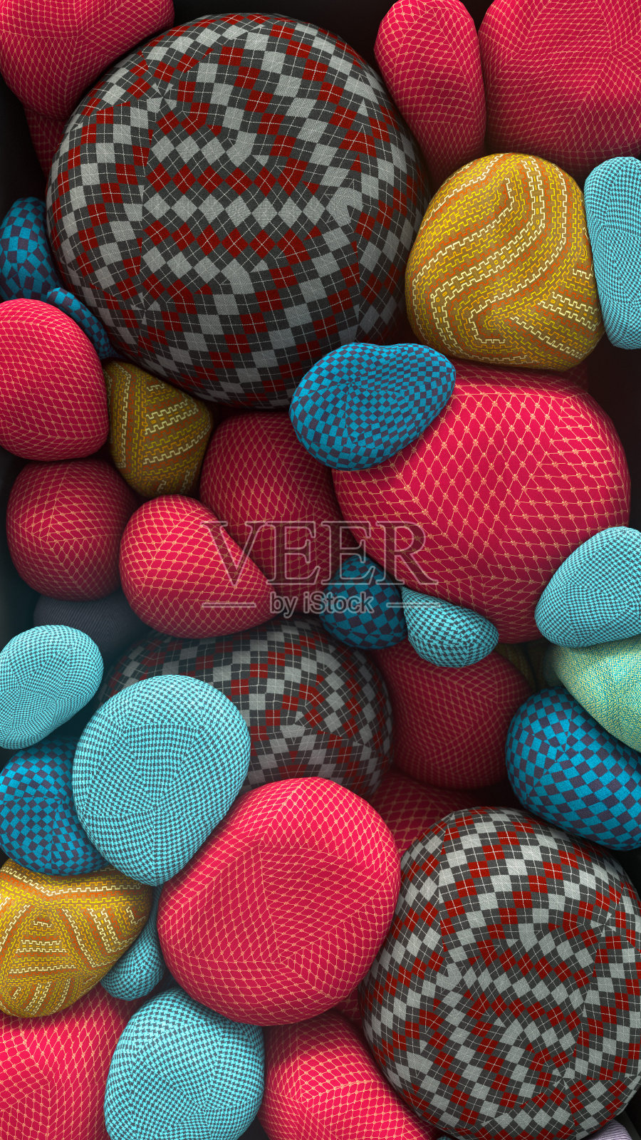 带针织纹理的彩色浮动球体的3D渲染。抽象的成分插画图片素材